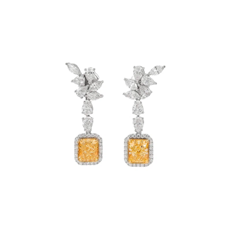 White Gold, Gold, 4.56ctw Radiant Cut Fancy Yellow Diamond and Diamond Drop Earrings