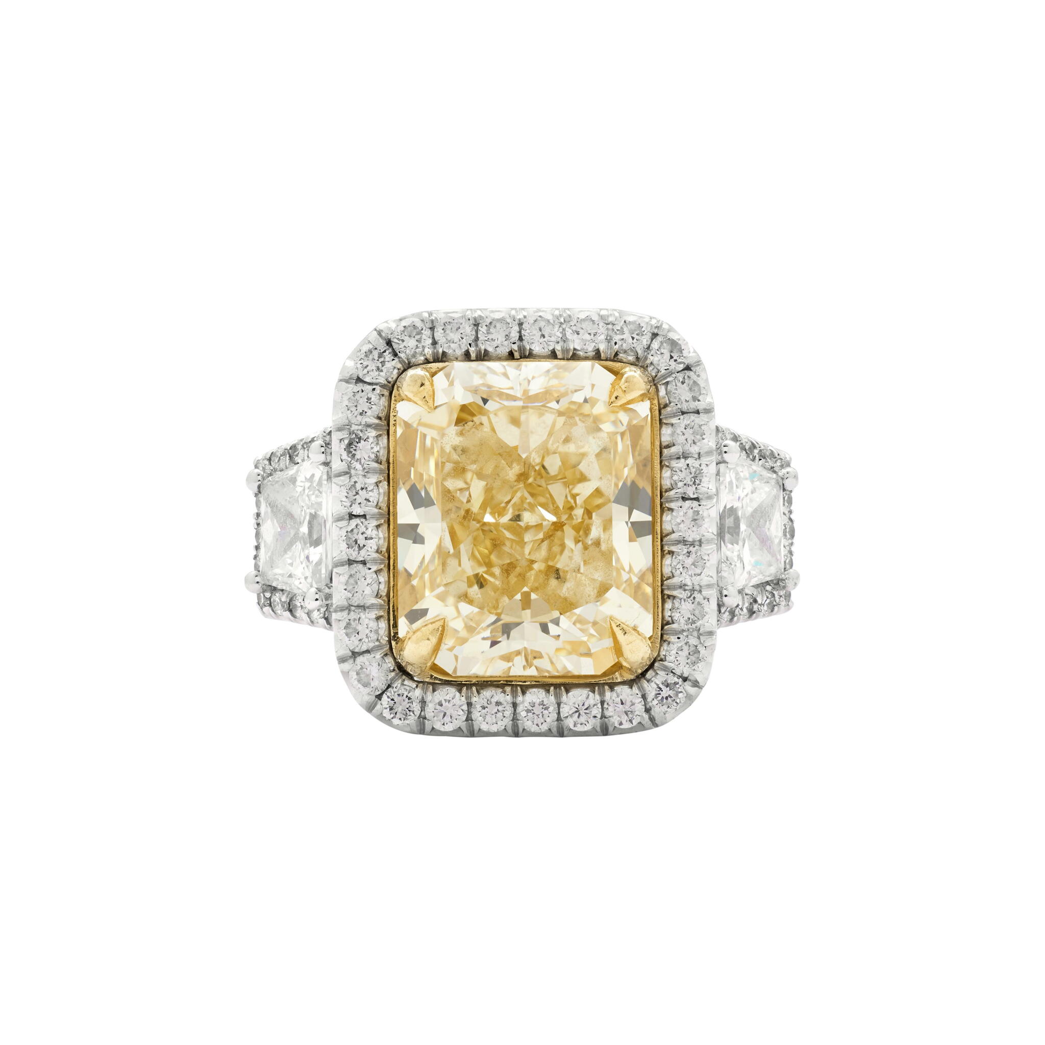 White Gold, Gold, 6.01ct Radiant Cut Fancy Yellow Diamond and Diamond Ring — view 1