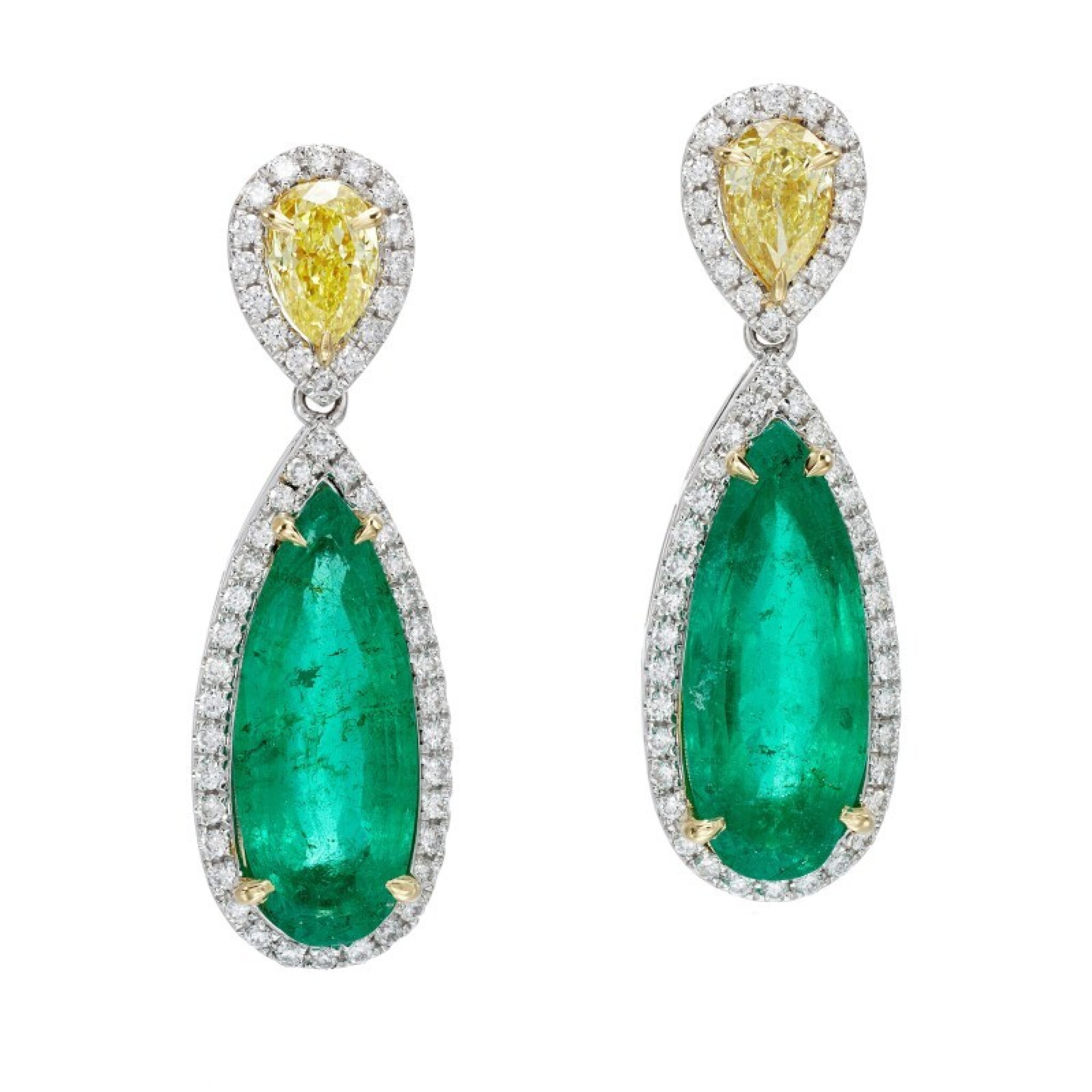 White Gold, Gold, 6.19ctw Colombian Emerald, Yellow Diamond and Diamond Drop Earrings — view 1