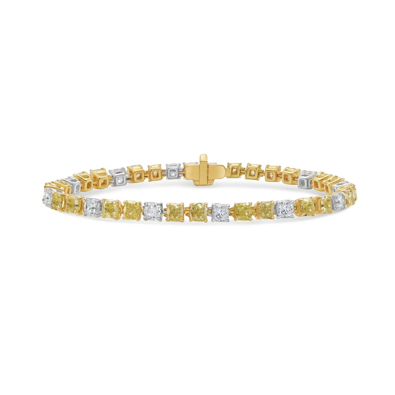 White Gold, Gold, 8.60ctw Cushion Cut Yellow Diamond and Diamond Tennis Bracelet