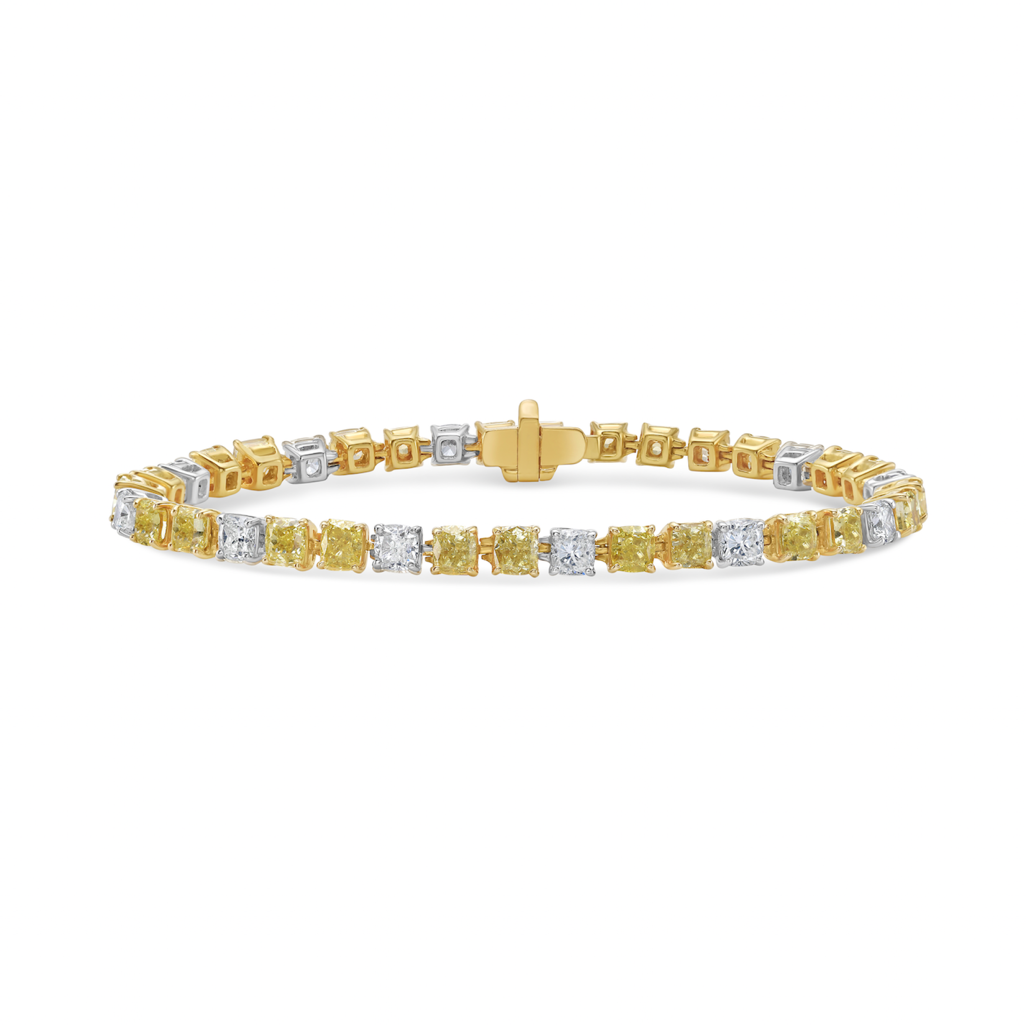 White Gold, Gold, 8.60ctw Cushion Cut Yellow Diamond and Diamond Tennis Bracelet — view 1