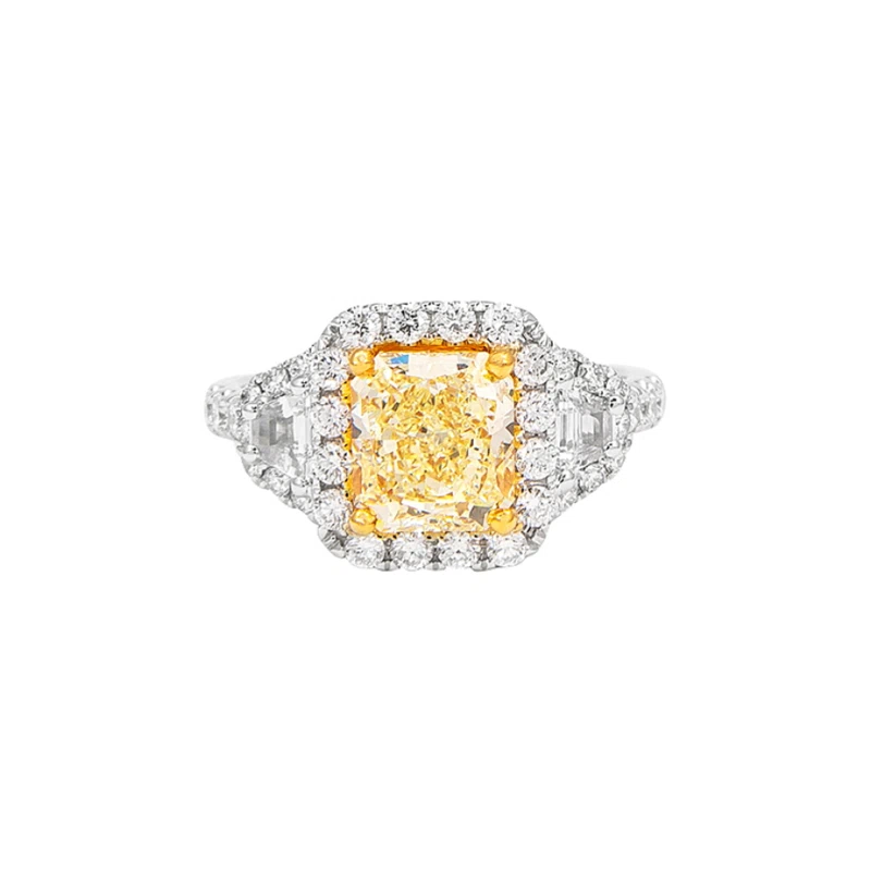 White Gold, Gold and 2.02ct Radiant Cut Fancy Yellow Diamond and Diamond Three Stone Ring 