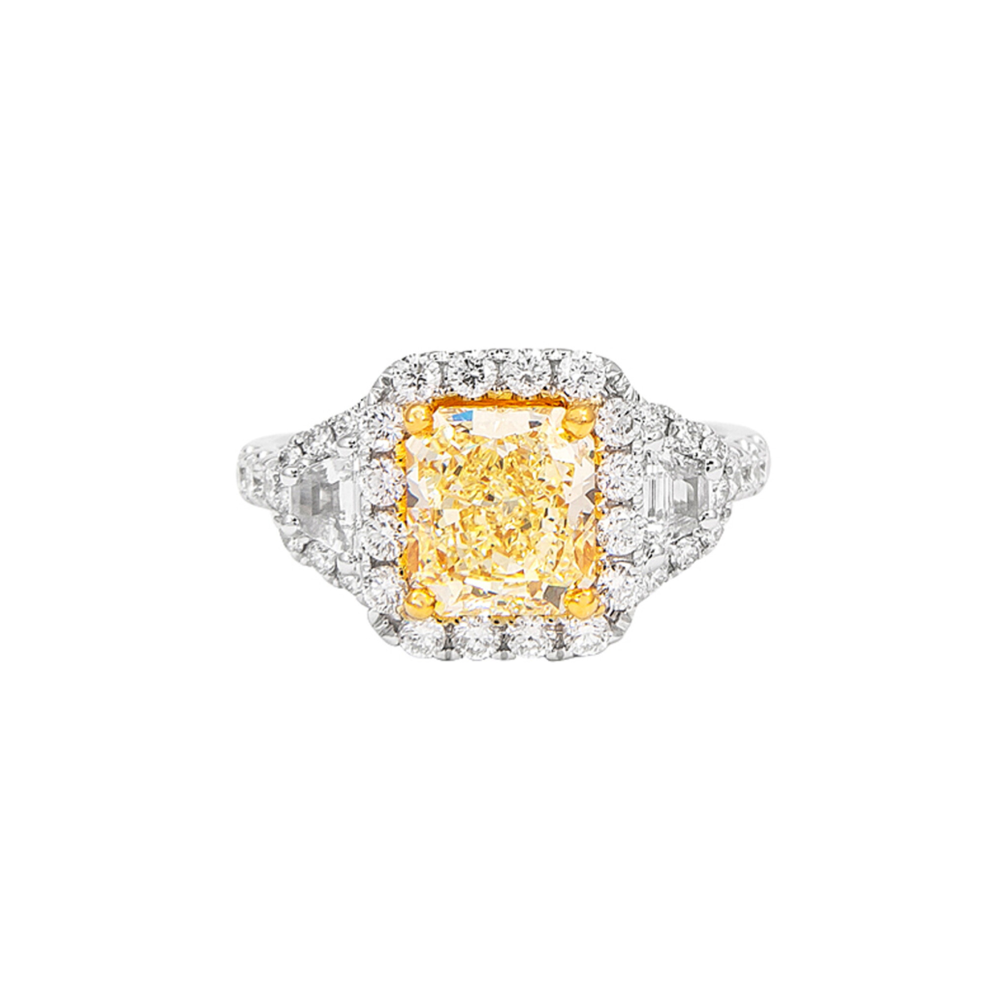 White Gold, Gold and 2.02ct Radiant Cut Fancy Yellow Diamond and Diamond Three Stone Ring  — view 1