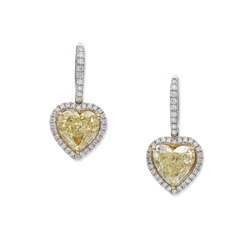 Gold and 6.53ctw Heart Shape Fancy Yellow Diamond Drop Earrings