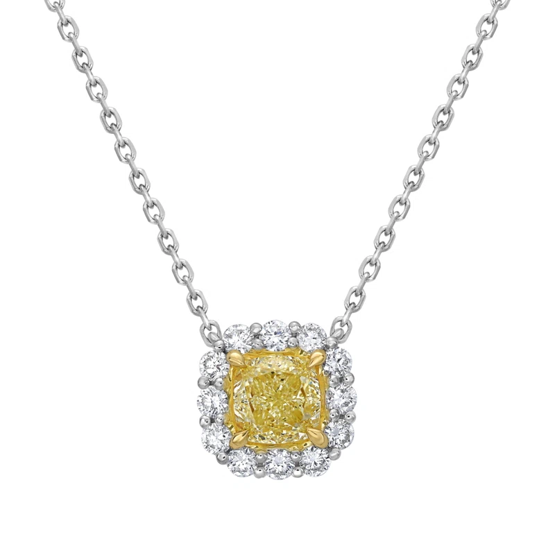 White Gold, Gold, 1.22ct Cushion Cut Fancy Light Yellow Diamond and Diamond Pendant Necklace