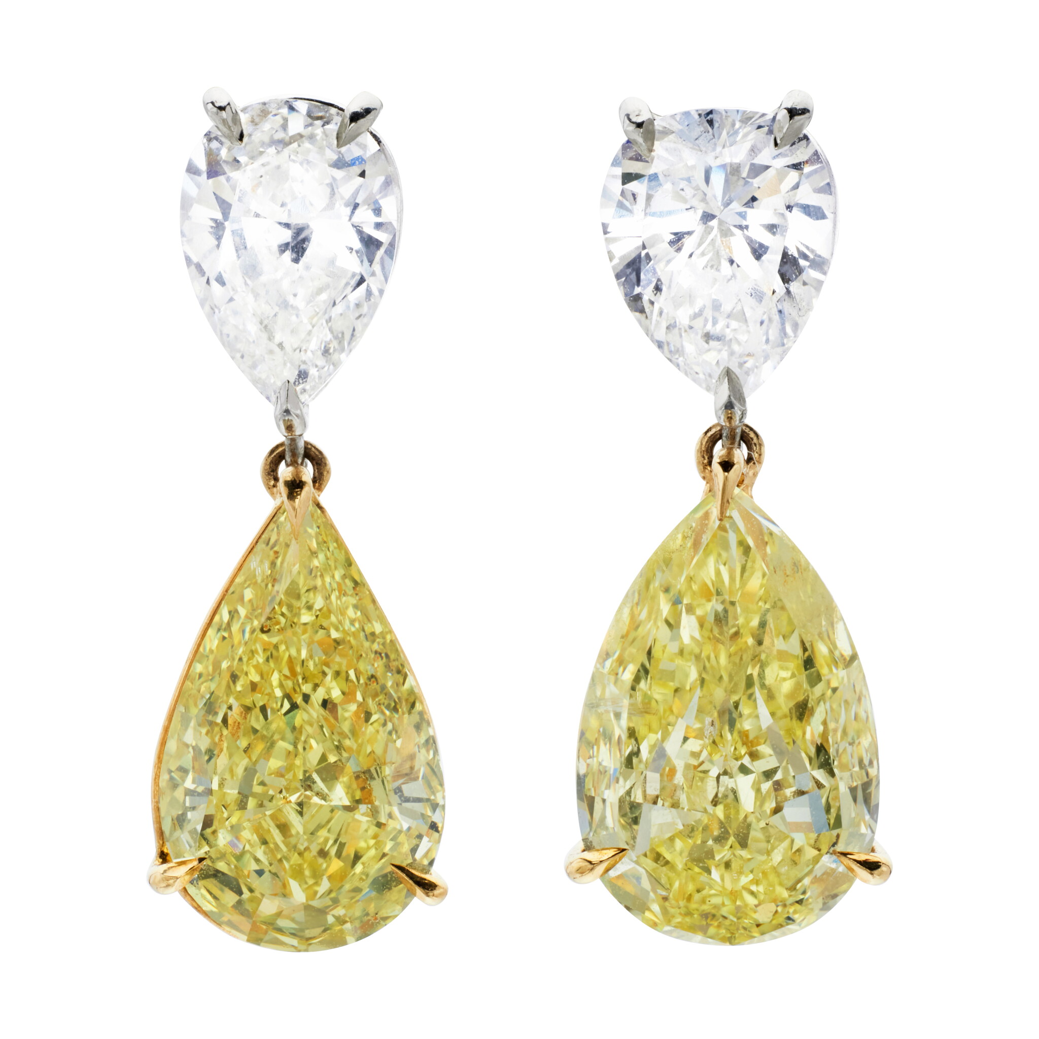 Gold, 3.60ct Pear Shaped Yellow Diamond and Diamond Drop Earrings — view 1