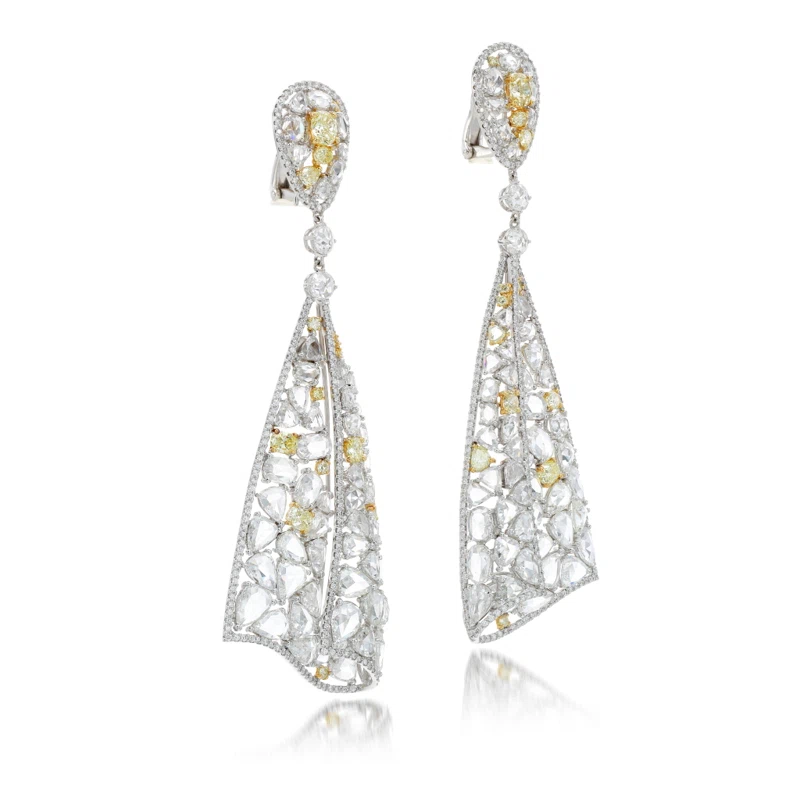White Gold, Yellow Diamond and Diamond Drop Earrings