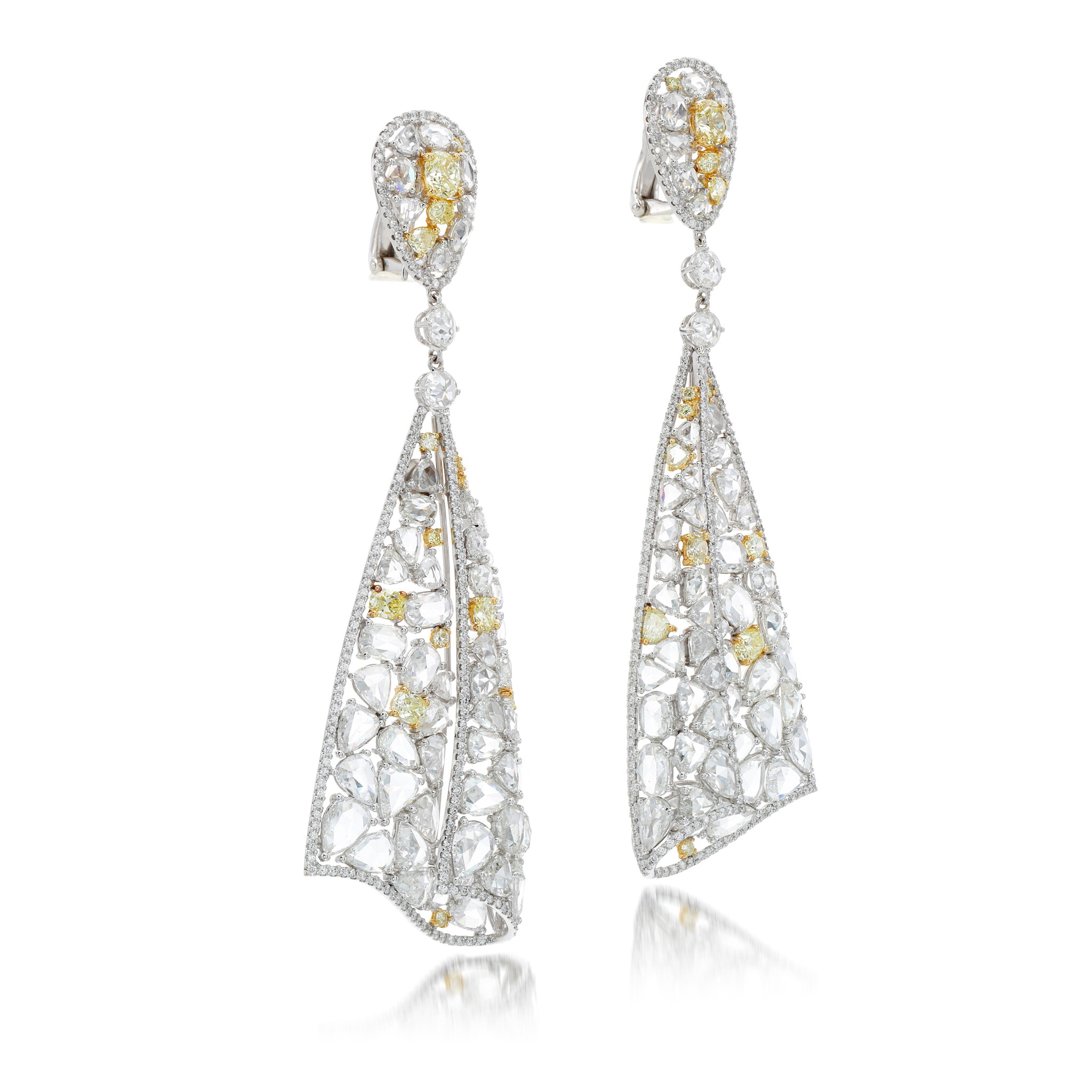 White Gold, Yellow Diamond and Diamond Drop Earrings — view 1
