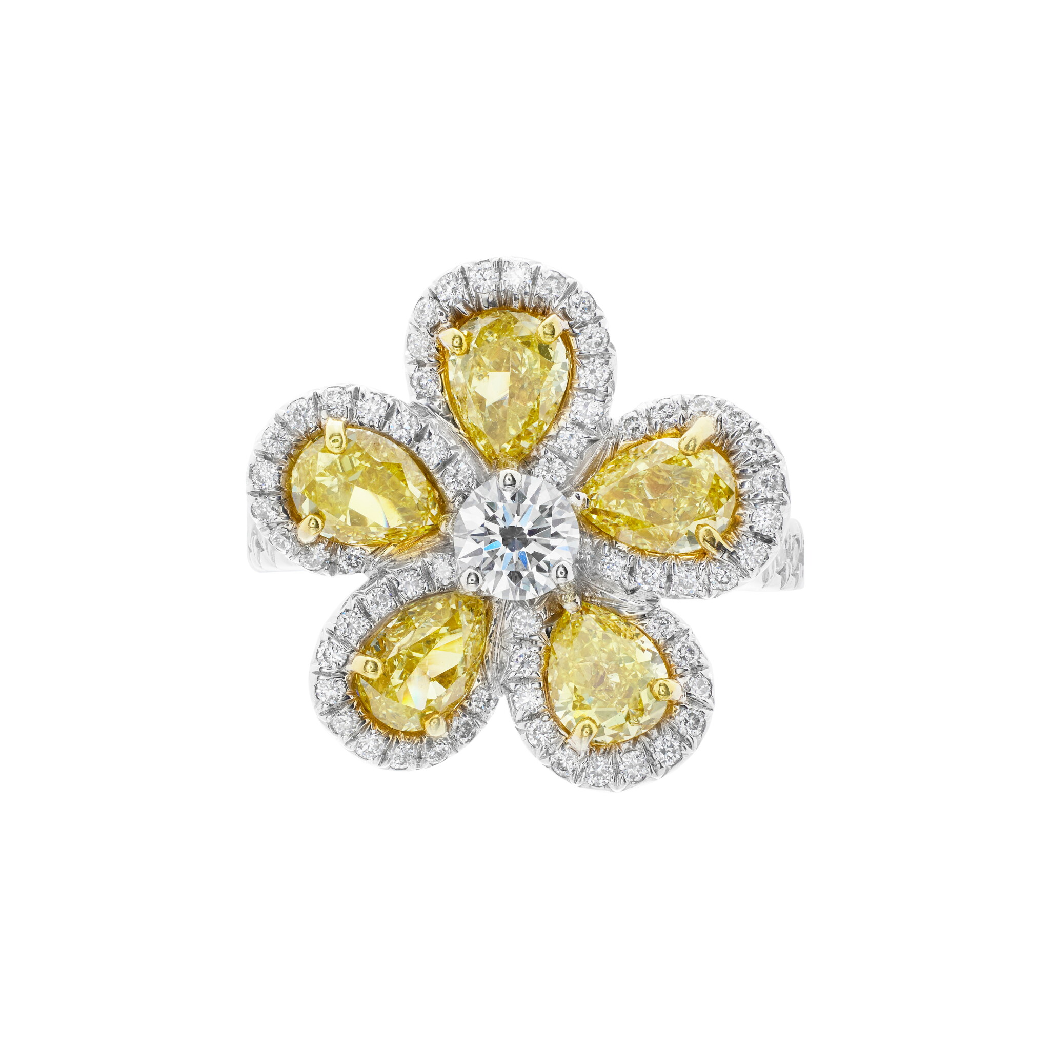 White Gold, Gold, Yellow Diamond and Diamond Flower Ring — view 1