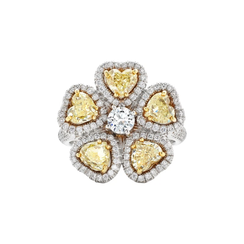 White Gold, Gold, Yellow Diamond and Diamond Flower Ring