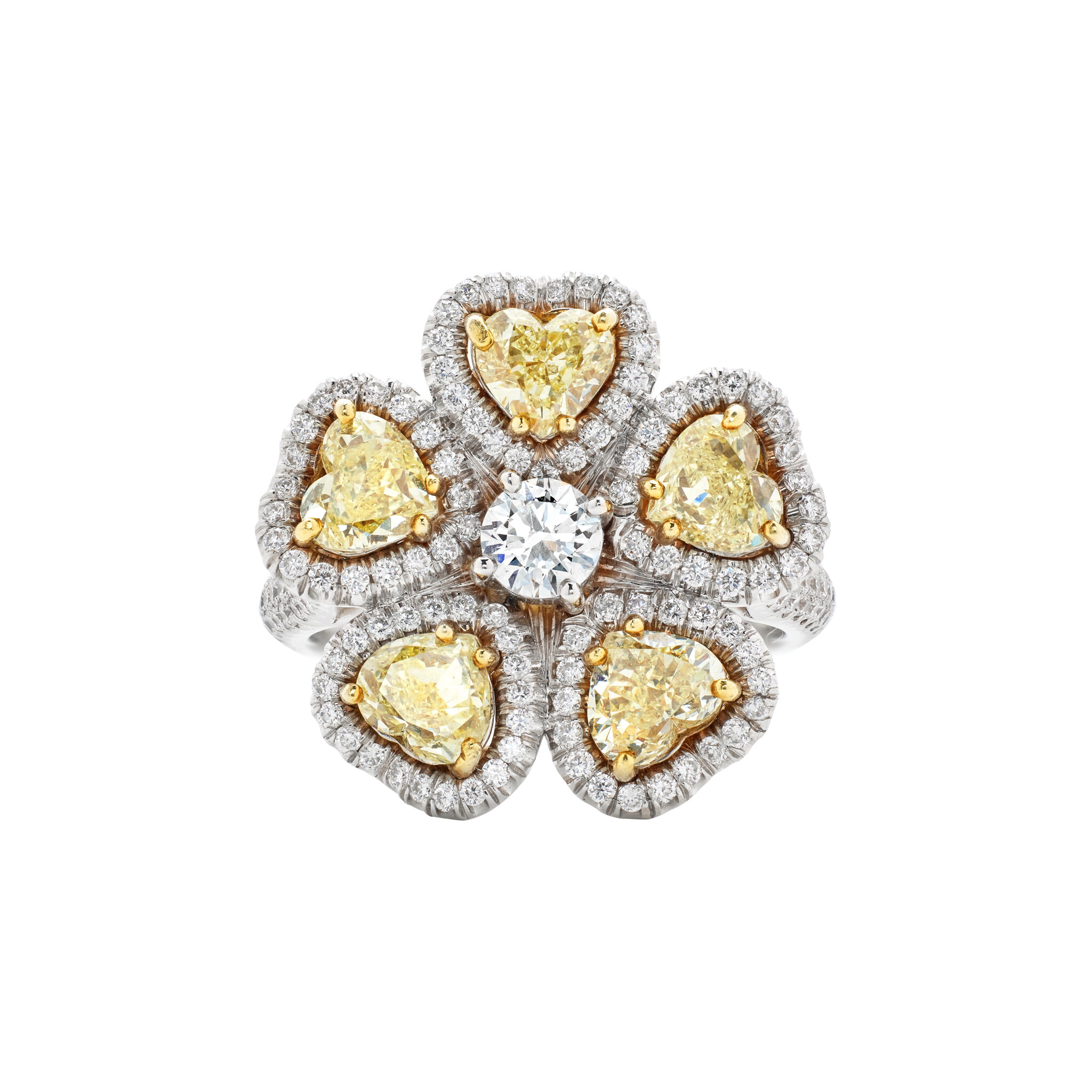 White Gold, Gold, Yellow Diamond and Diamond Flower Ring — view 1