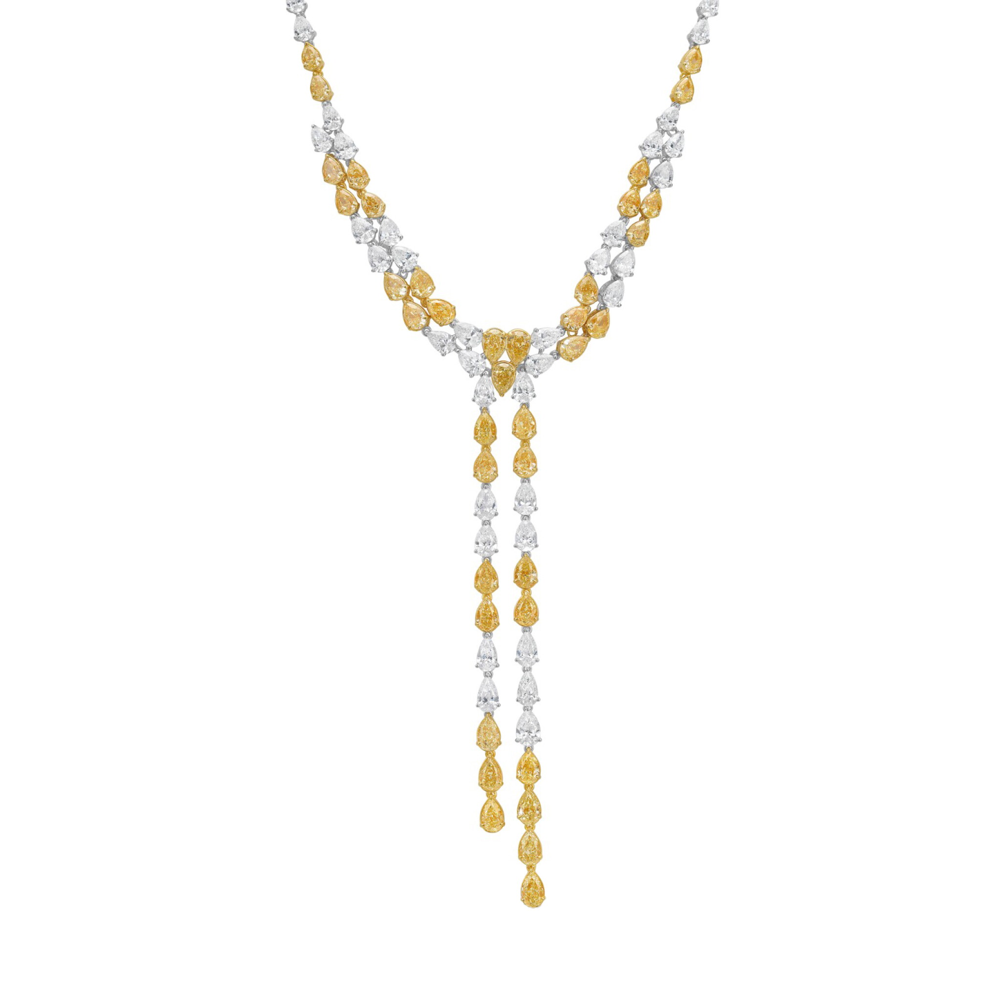 White Gold, Gold, Yellow Diamond and Diamond Lariat Necklace — view 1
