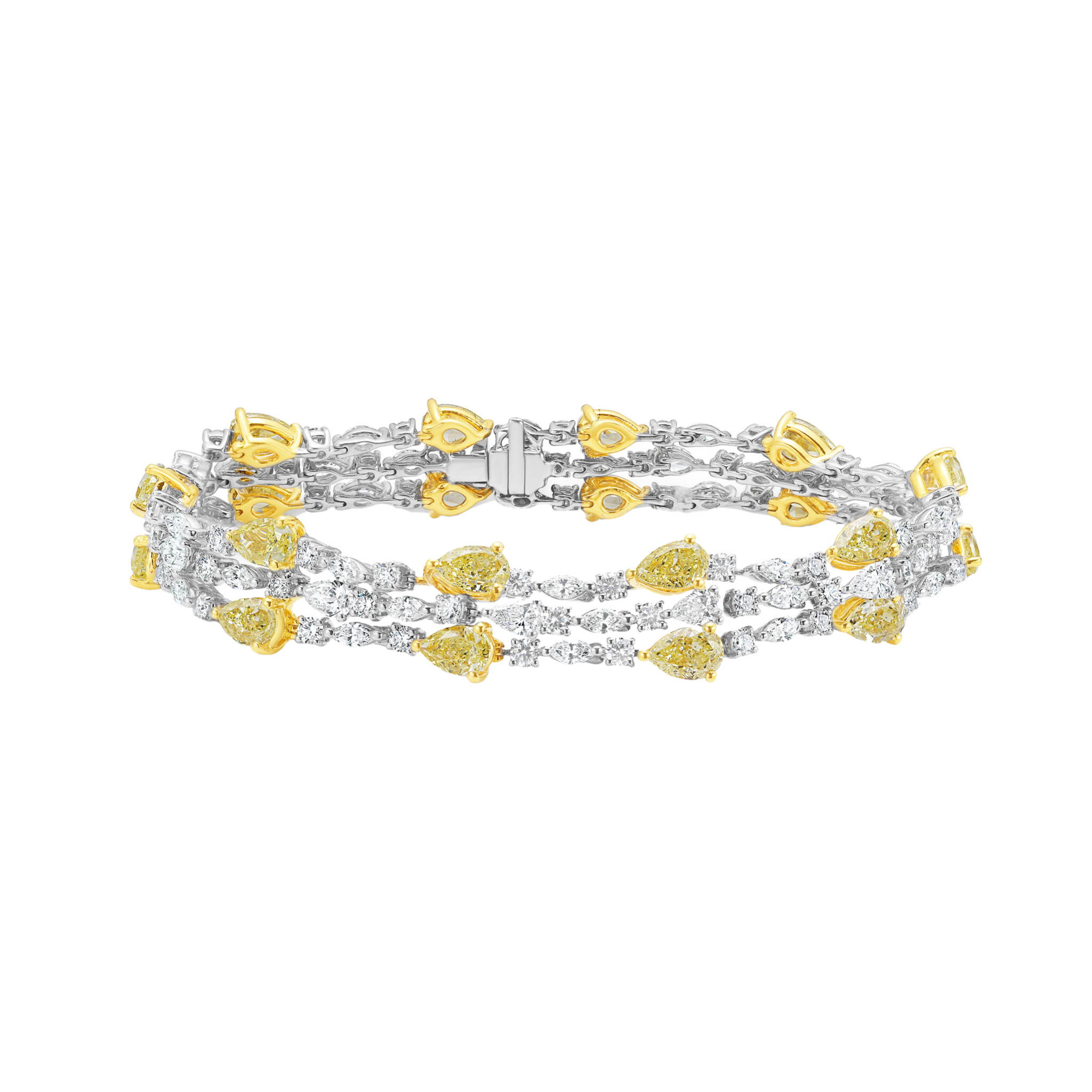 White Gold, Gold, Yellow Diamond and Diamond Three Row Bracelet — view 1