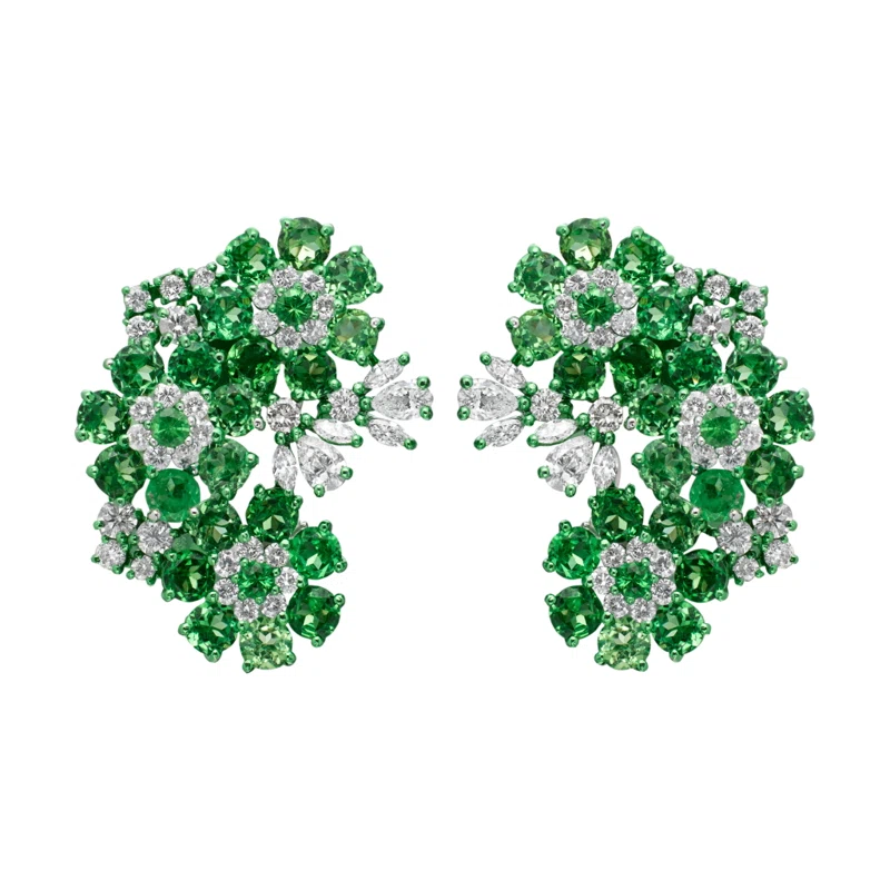 White Gold, Grossular Garnet and Diamond Floral Earclips