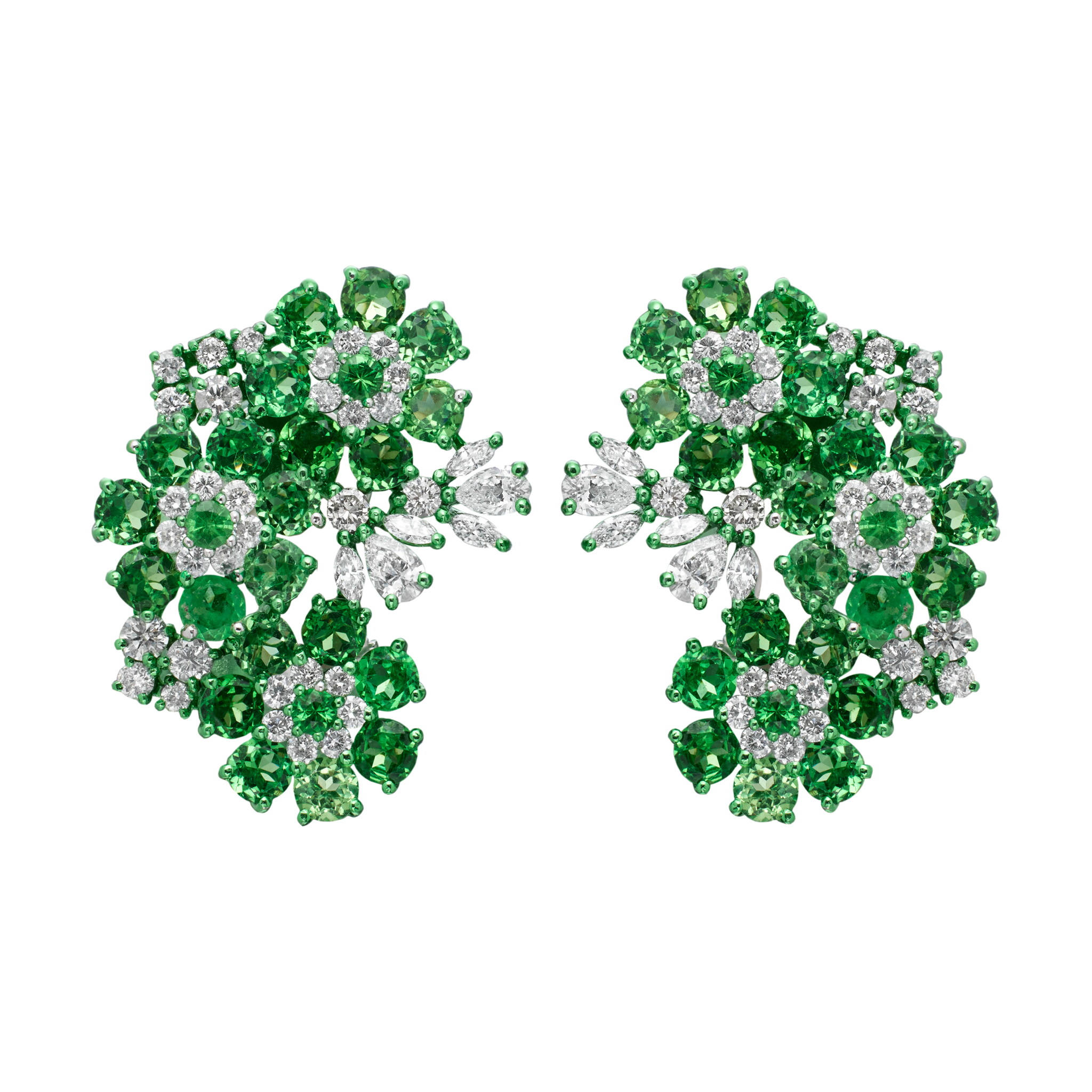 White Gold, Grossular Garnet and Diamond Floral Earclips — view 1
