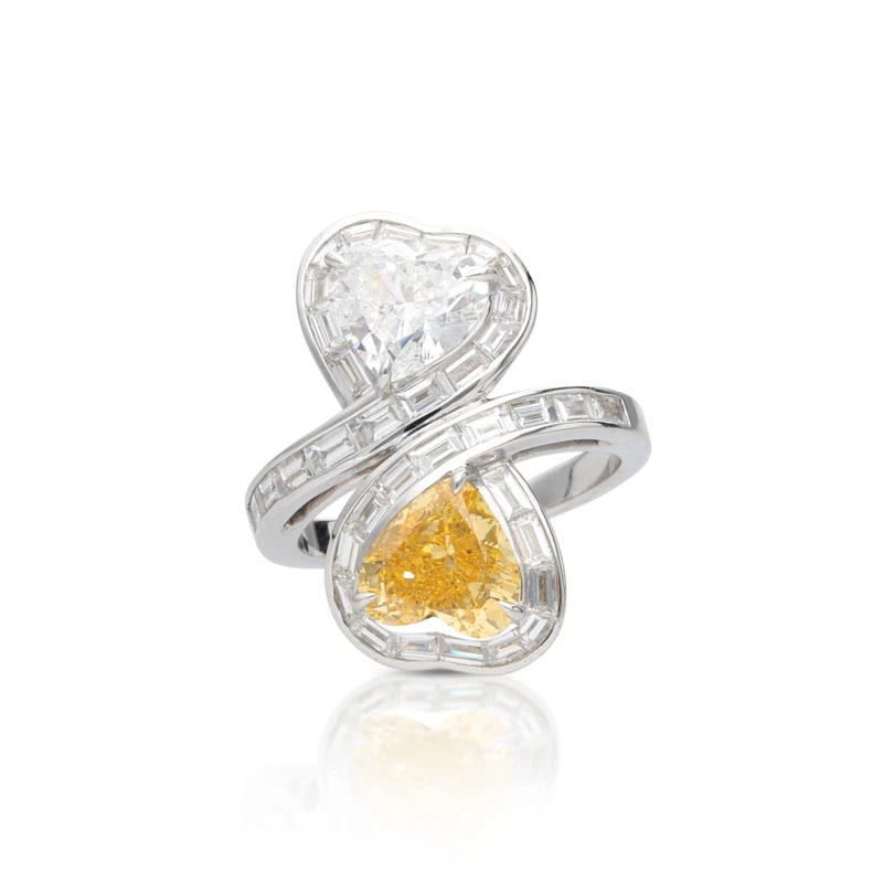 White Gold, Heart Shaped Fancy Vivid Orange-Yellow Diamond and Diamond Toi et Moi Ring