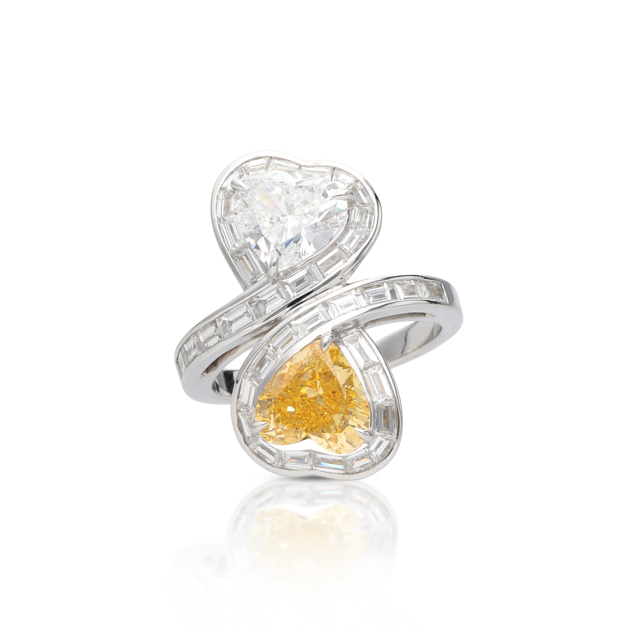 White Gold, Heart Shaped Fancy Vivid Orange-Yellow Diamond and Diamond Toi et Moi Ring — view 1