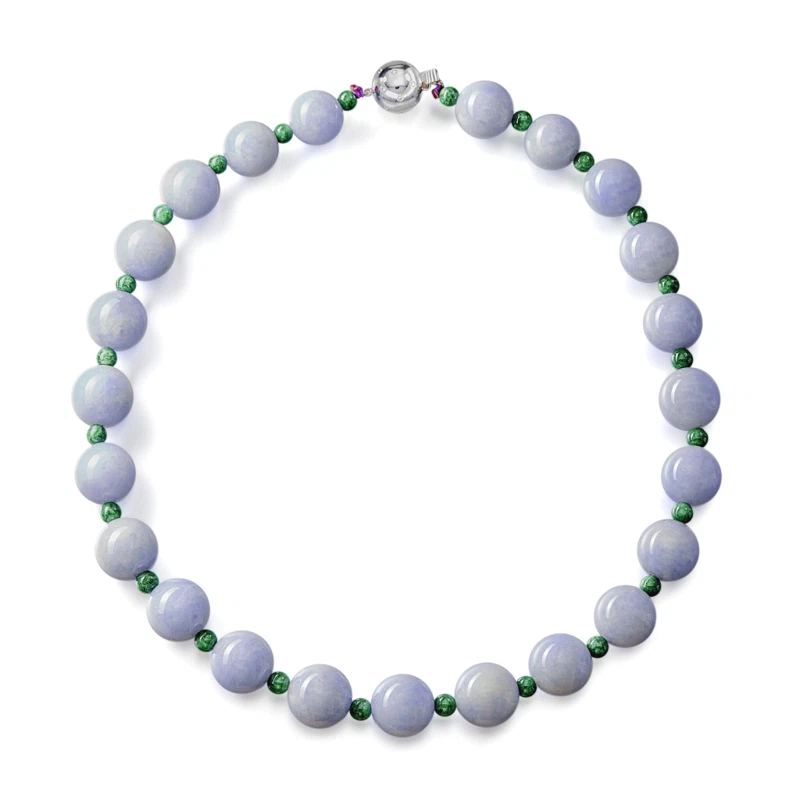 White Gold, Lavender Jadeite, Green Jadeite and Diamond Bead Necklace