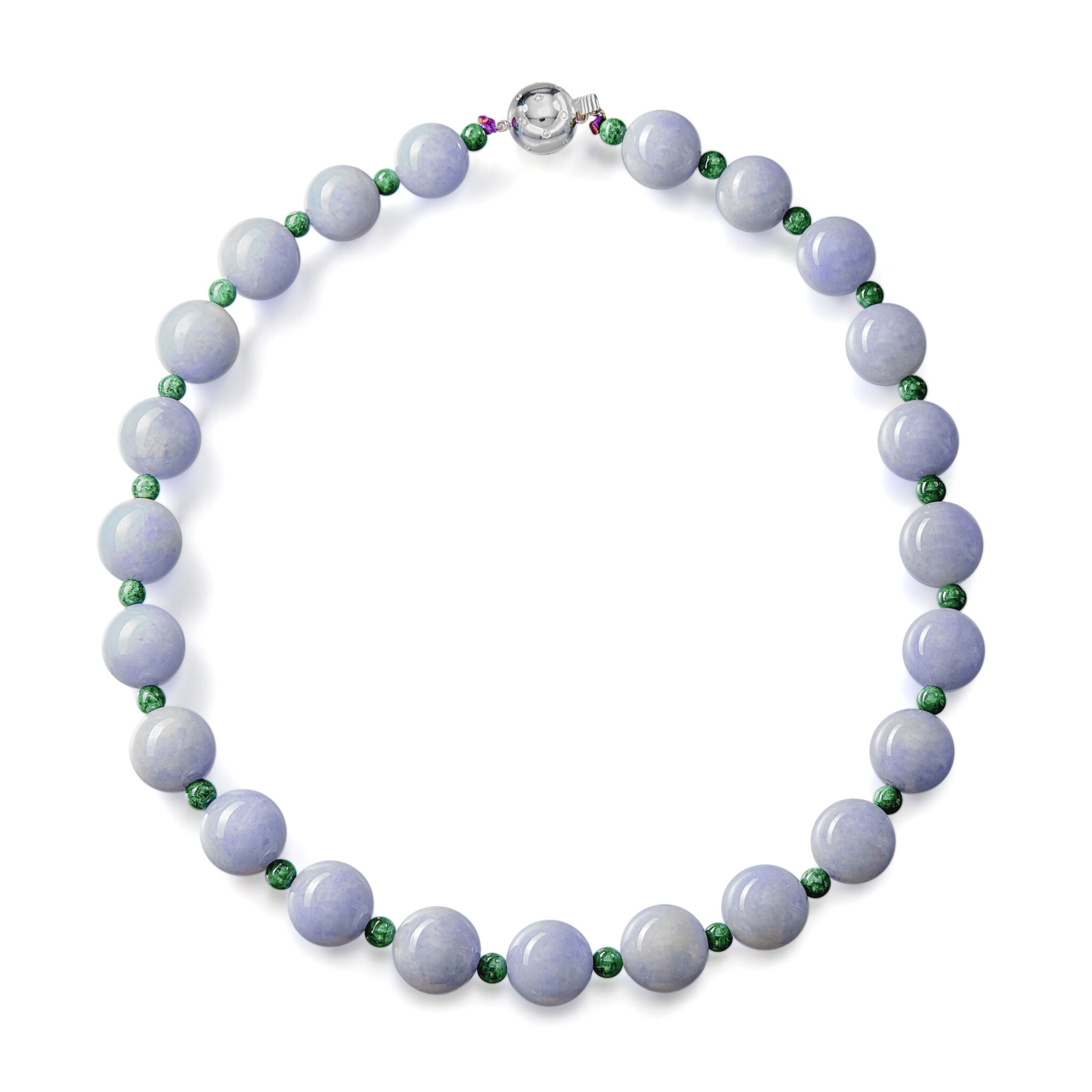 White Gold, Lavender Jadeite, Green Jadeite and Diamond Bead Necklace — view 1