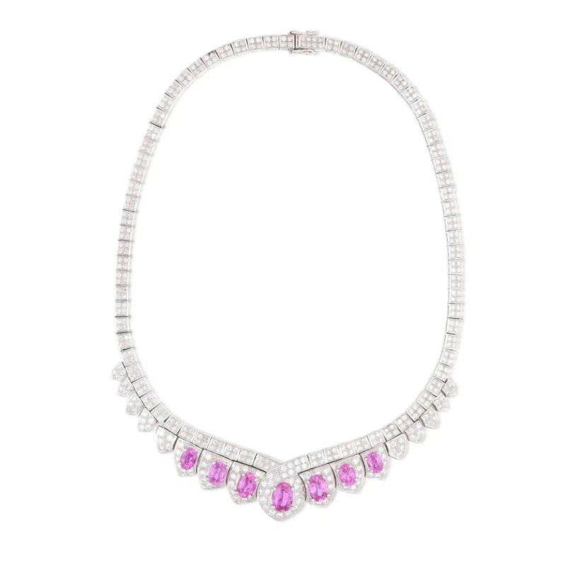 White Gold, Madagascar Pink Sapphire and Diamond Collar Necklace