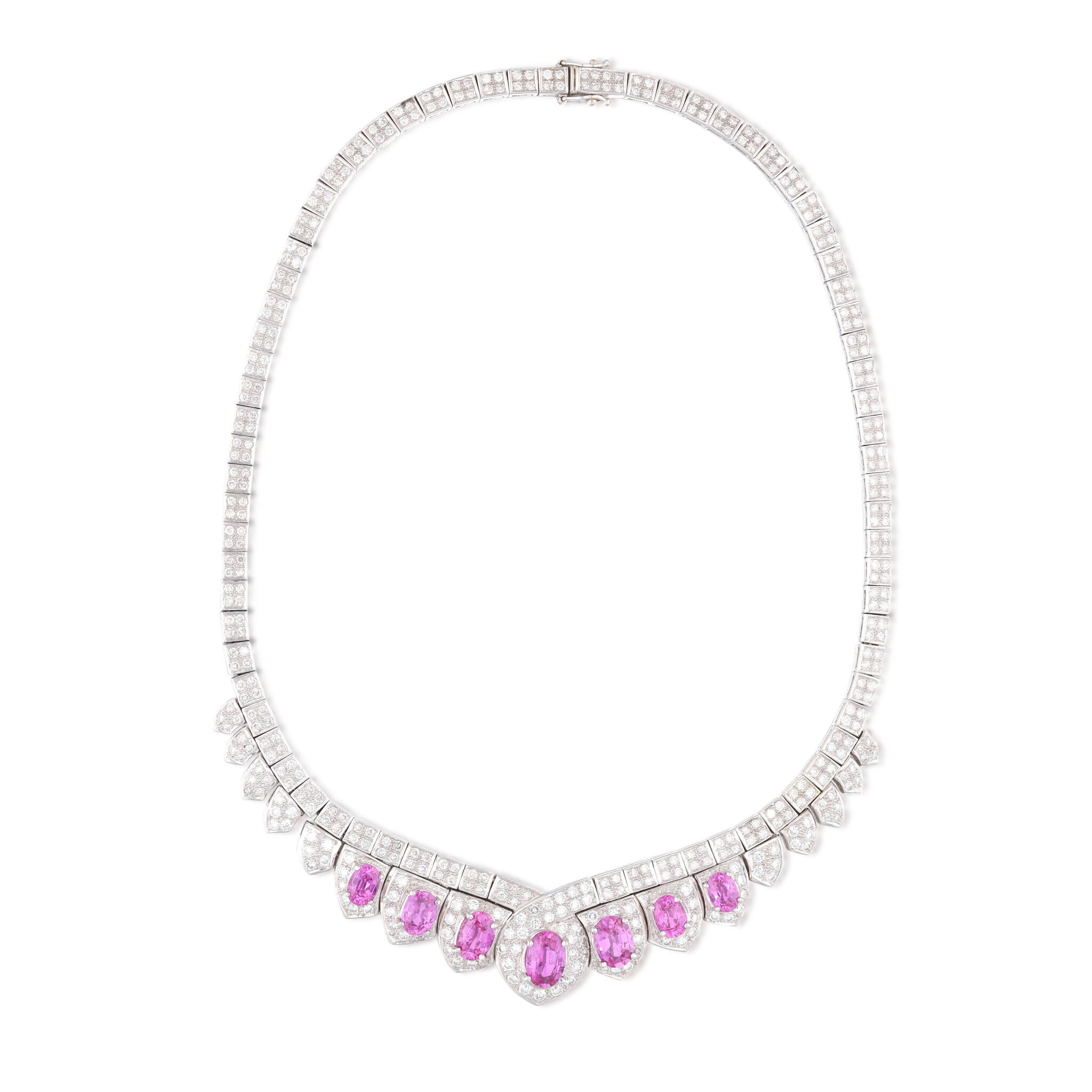 White Gold, Madagascar Pink Sapphire and Diamond Collar Necklace — view 1