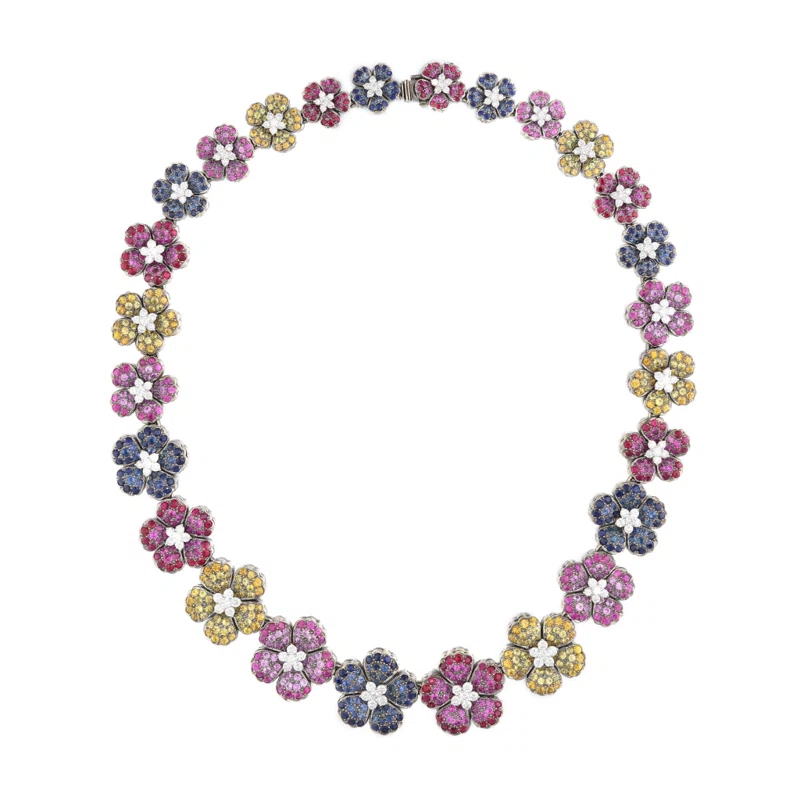 White Gold, Multicolor Sapphire and Diamond Floral Necklace