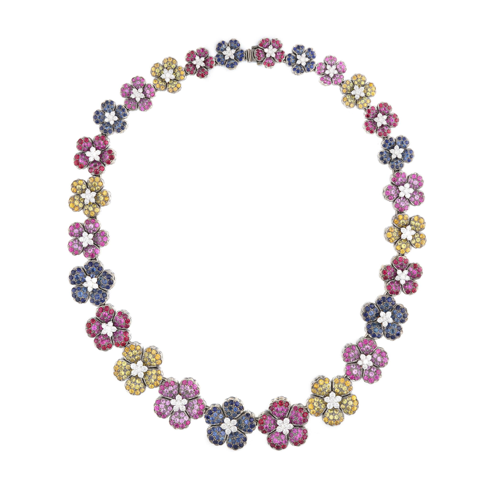 White Gold, Multicolor Sapphire and Diamond Floral Necklace — view 1