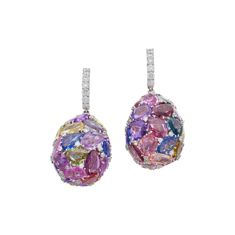 White Gold, Multicolor Sapphire and Diamond Drop Earrings