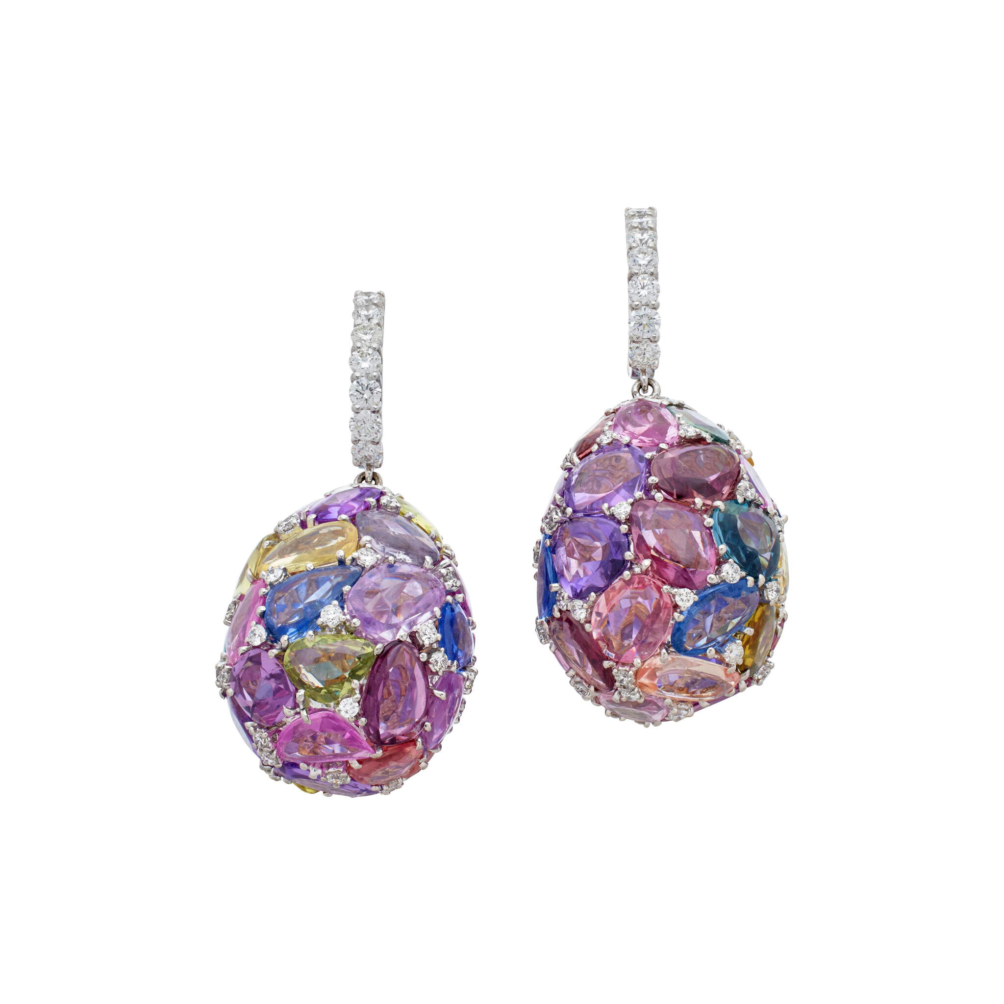 White Gold, Multicolor Sapphire and Diamond Drop Earrings — view 1