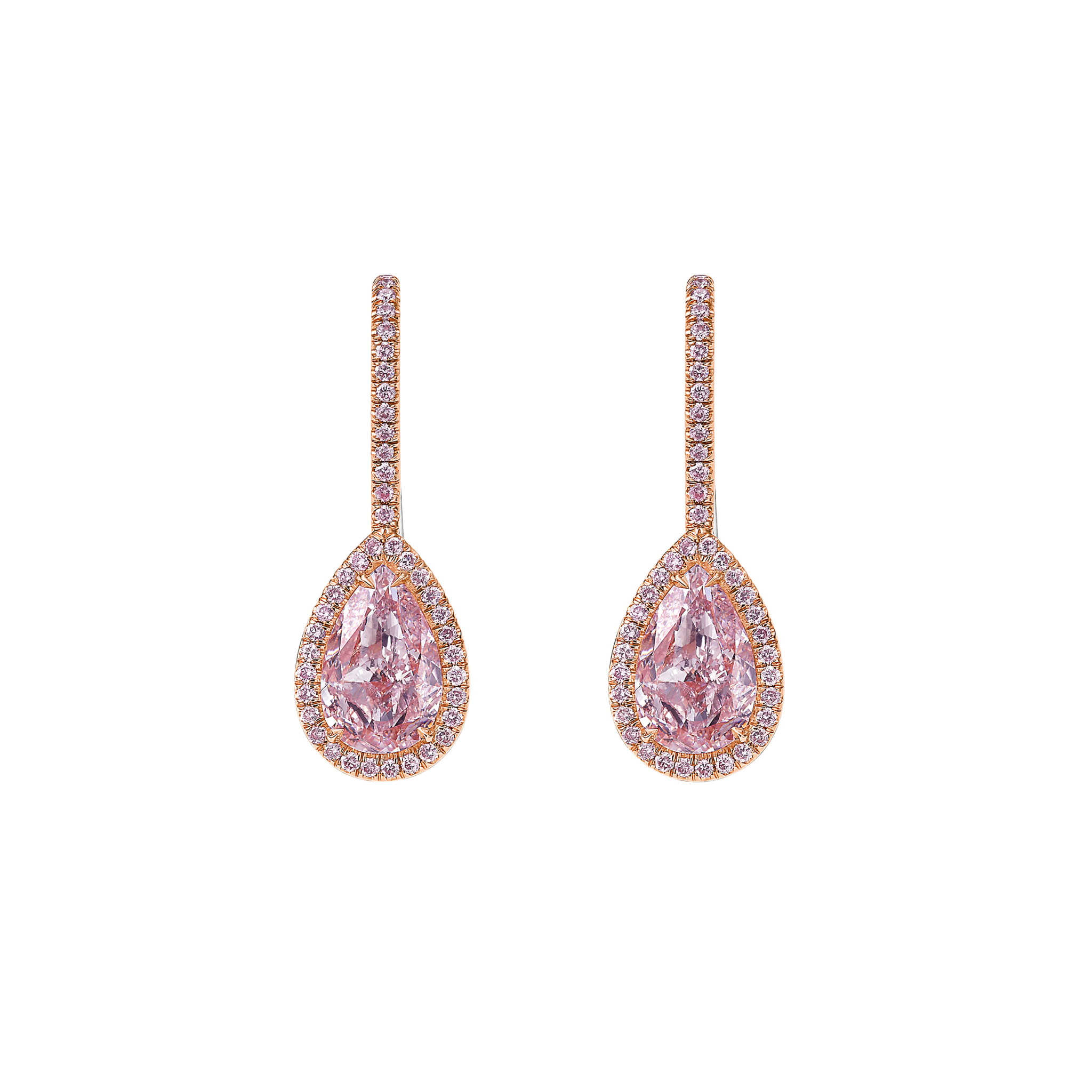 White Gold, Rose Gold, 4.24ct Pear Shape Pink Diamond Drop Earrings — view 1