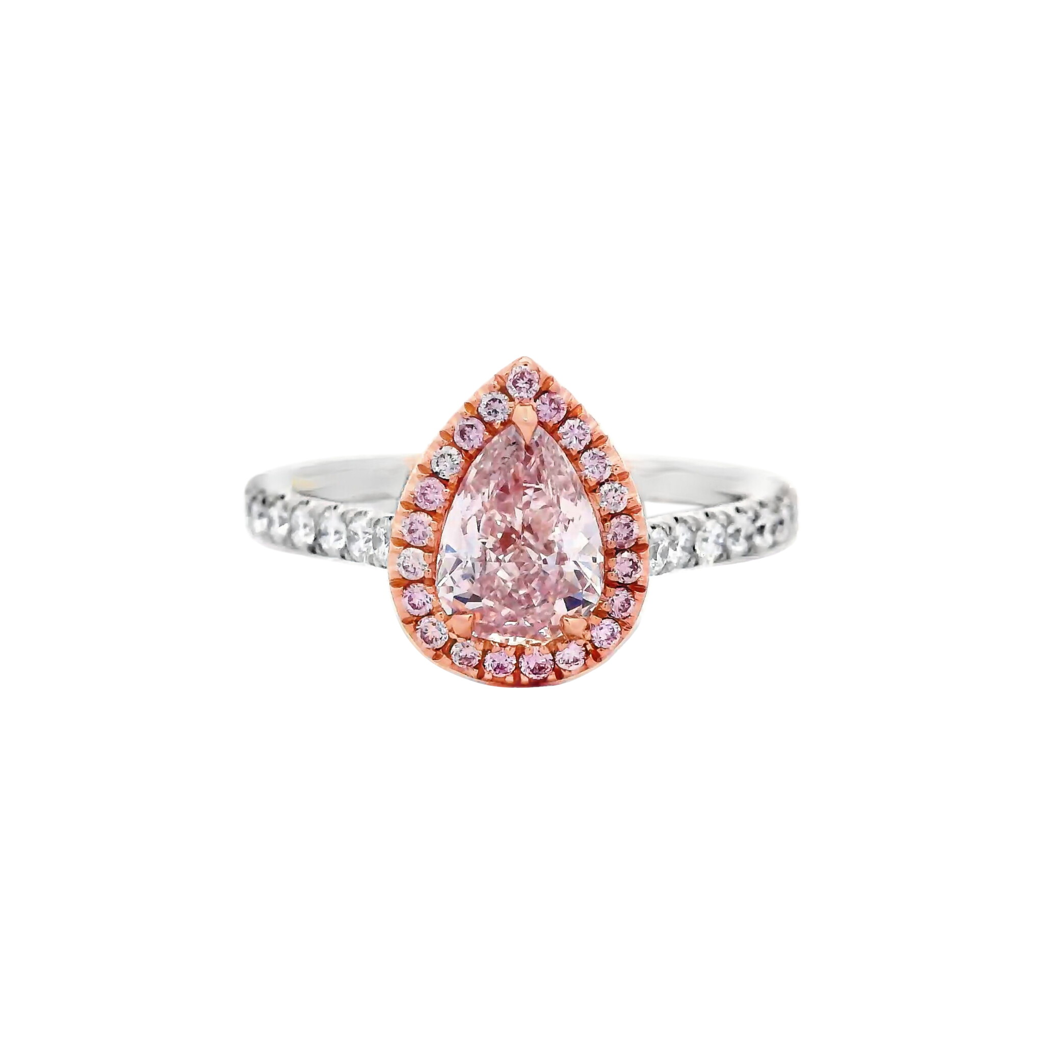 White Gold, Rose Gold, 0.76ct Pear Shape Fancy Light Pink Diamond, Pink Diamond and Diamond Engagement Ring — view 1