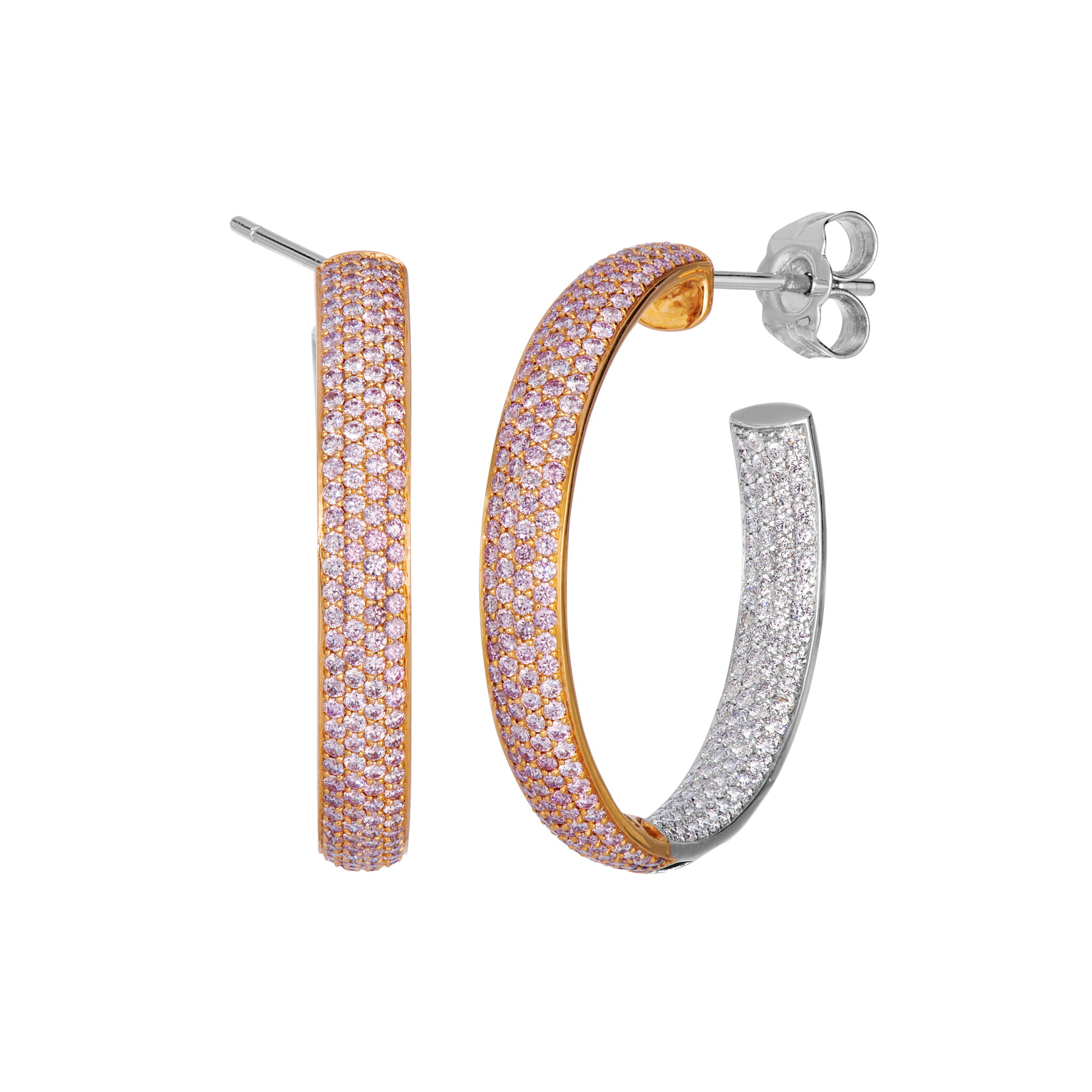 White Gold, Rose Gold, Pink Diamond and Diamond Hoop Earrings — view 1