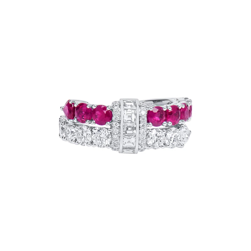 White Gold, Ruby and Diamond Bypass Ring