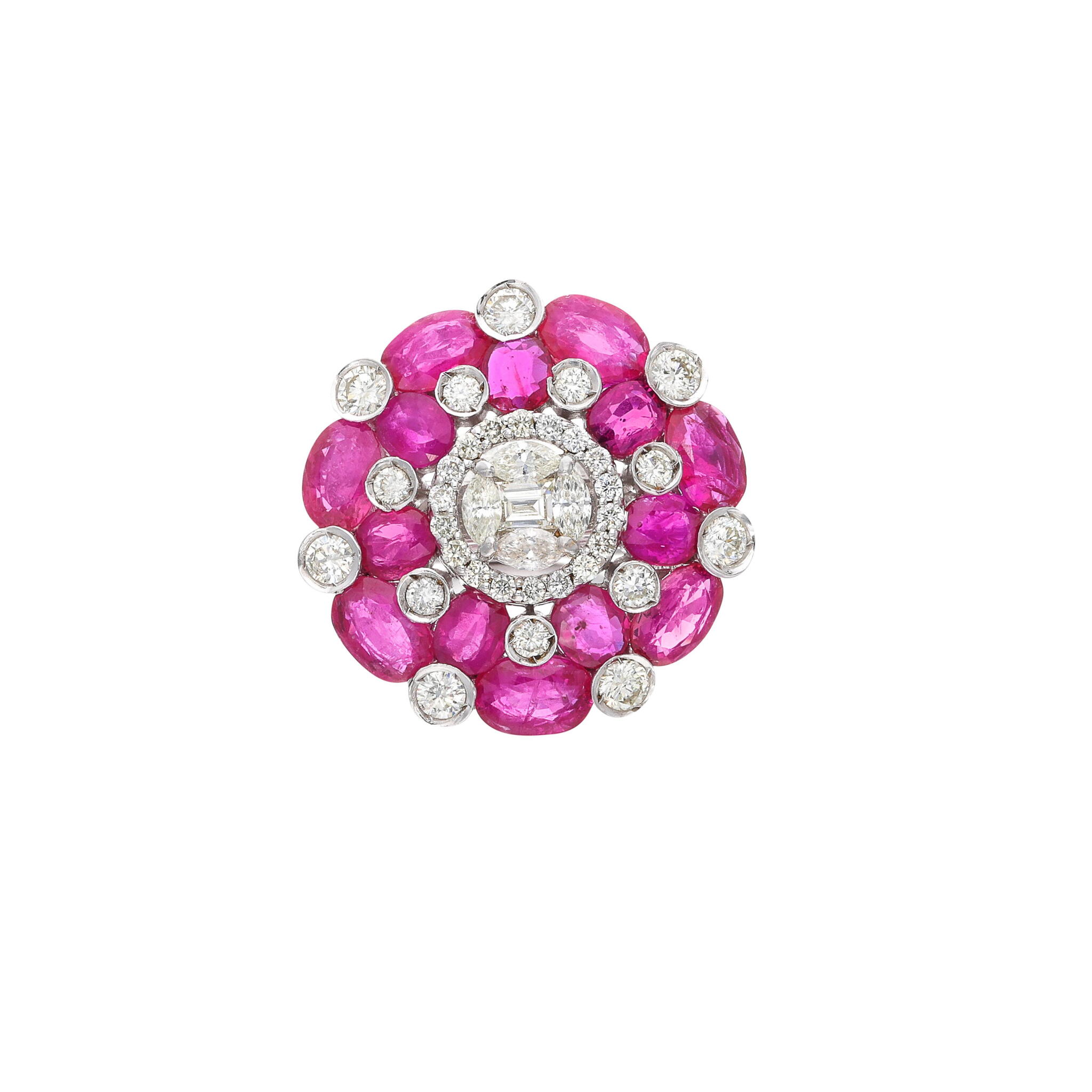 White Gold, Ruby and Diamond Floral Ring — view 1