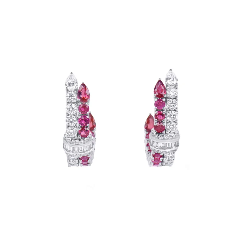 White Gold, Ruby and Diamond Hoop Earrings