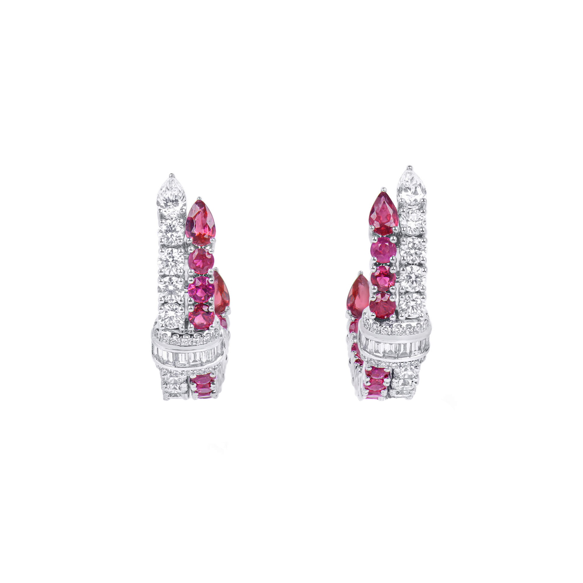 White Gold, Ruby and Diamond Hoop Earrings — view 1