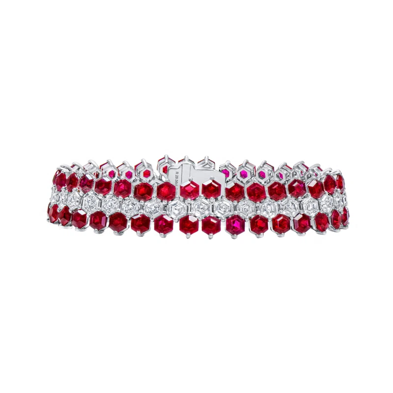 White Gold, Ruby and Diamond Three Row Bracelet