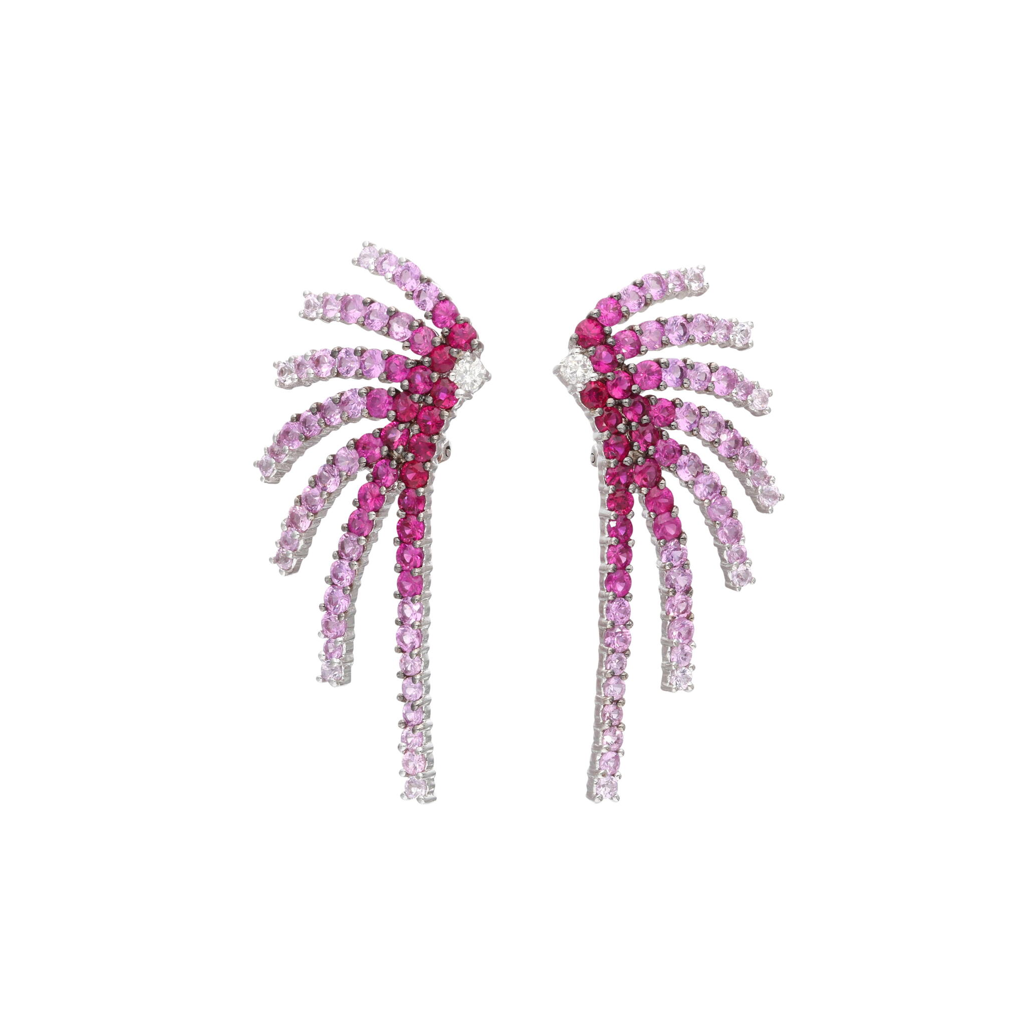 White Gold, Ruby, Pink Sapphire and Diamond Firework Earrings — view 1