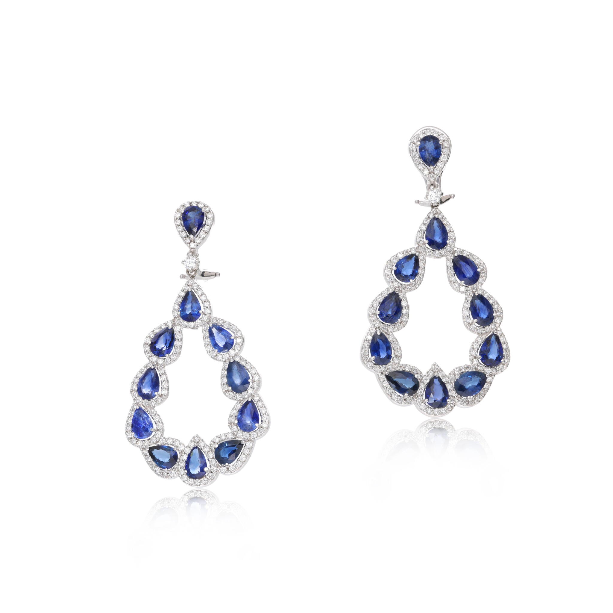 White Gold, Sapphire and Diamond Drop Earclips — view 1