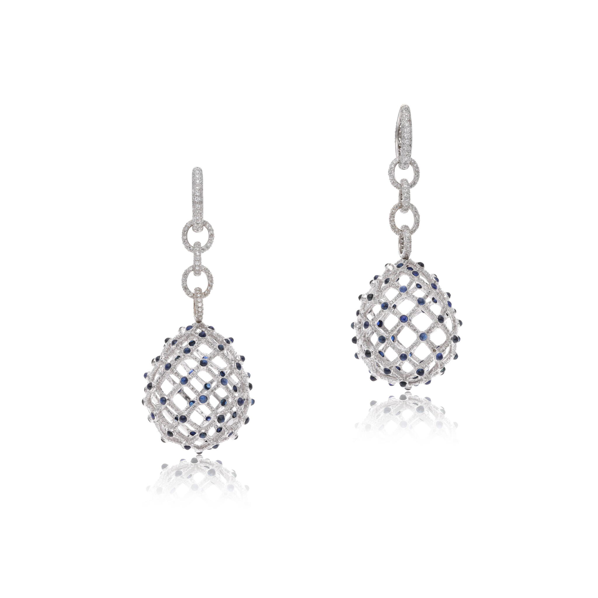 White Gold, Sapphire and Diamond Drop Earrings — view 1