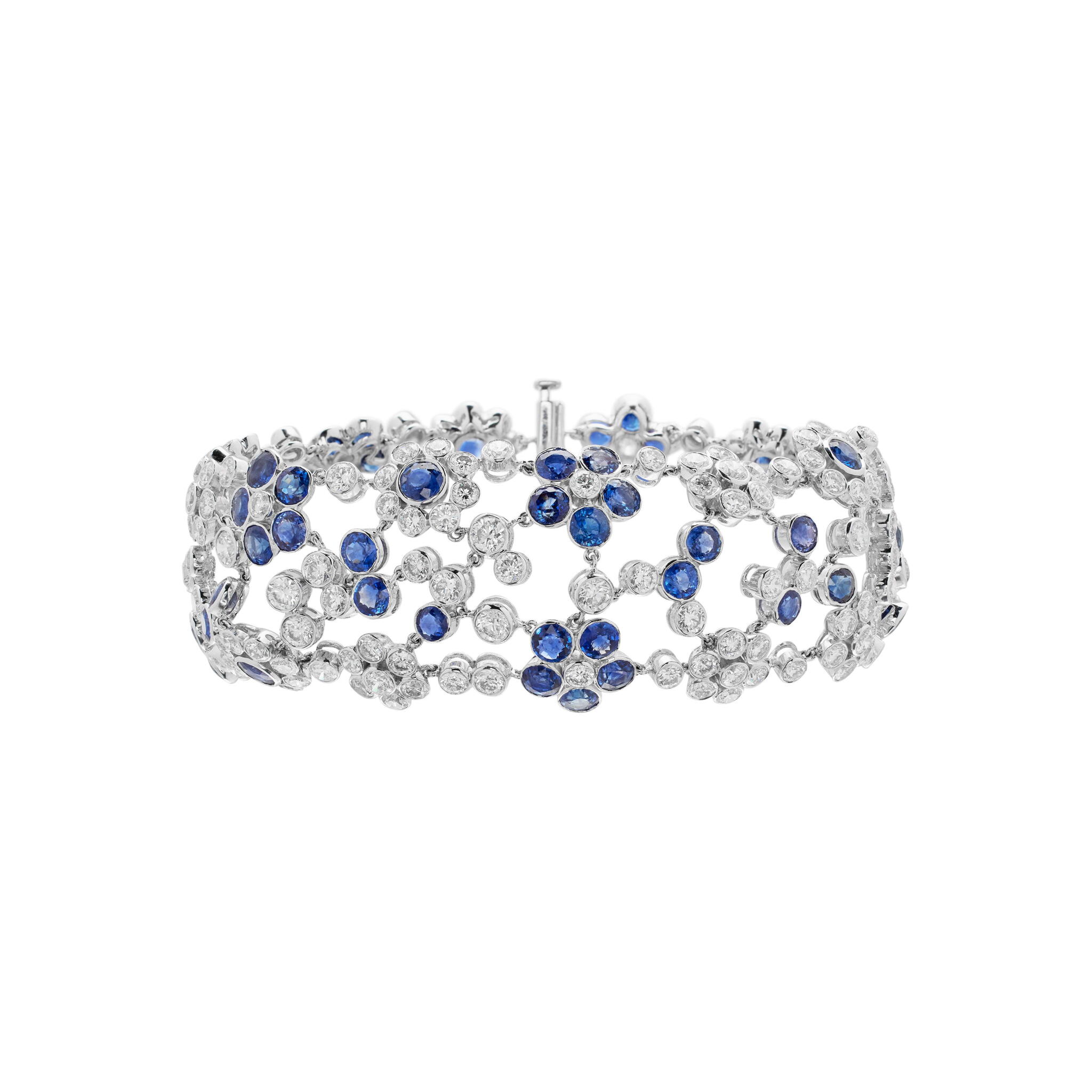 White Gold, Sapphire and Diamond Floral Bracelet — view 1