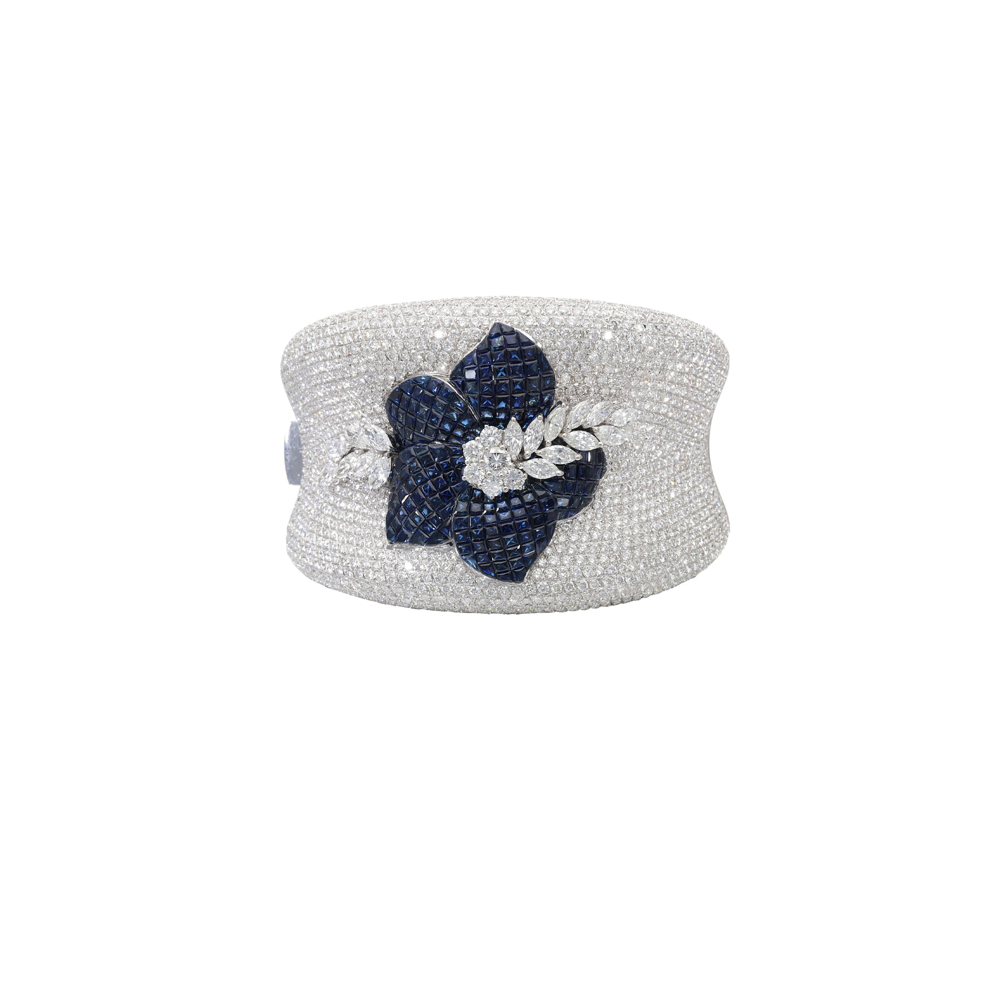White Gold, Sapphire and Diamond Floral Bracelet — view 1