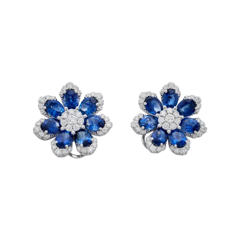 White Gold, Sapphire and Diamond Floral Earrings