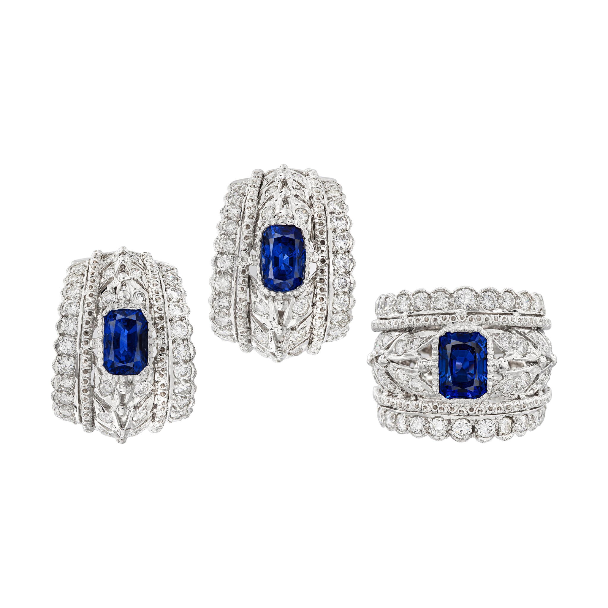 White Gold, Ceylon Sapphire and Diamond Ring and Earclips Set — view 1