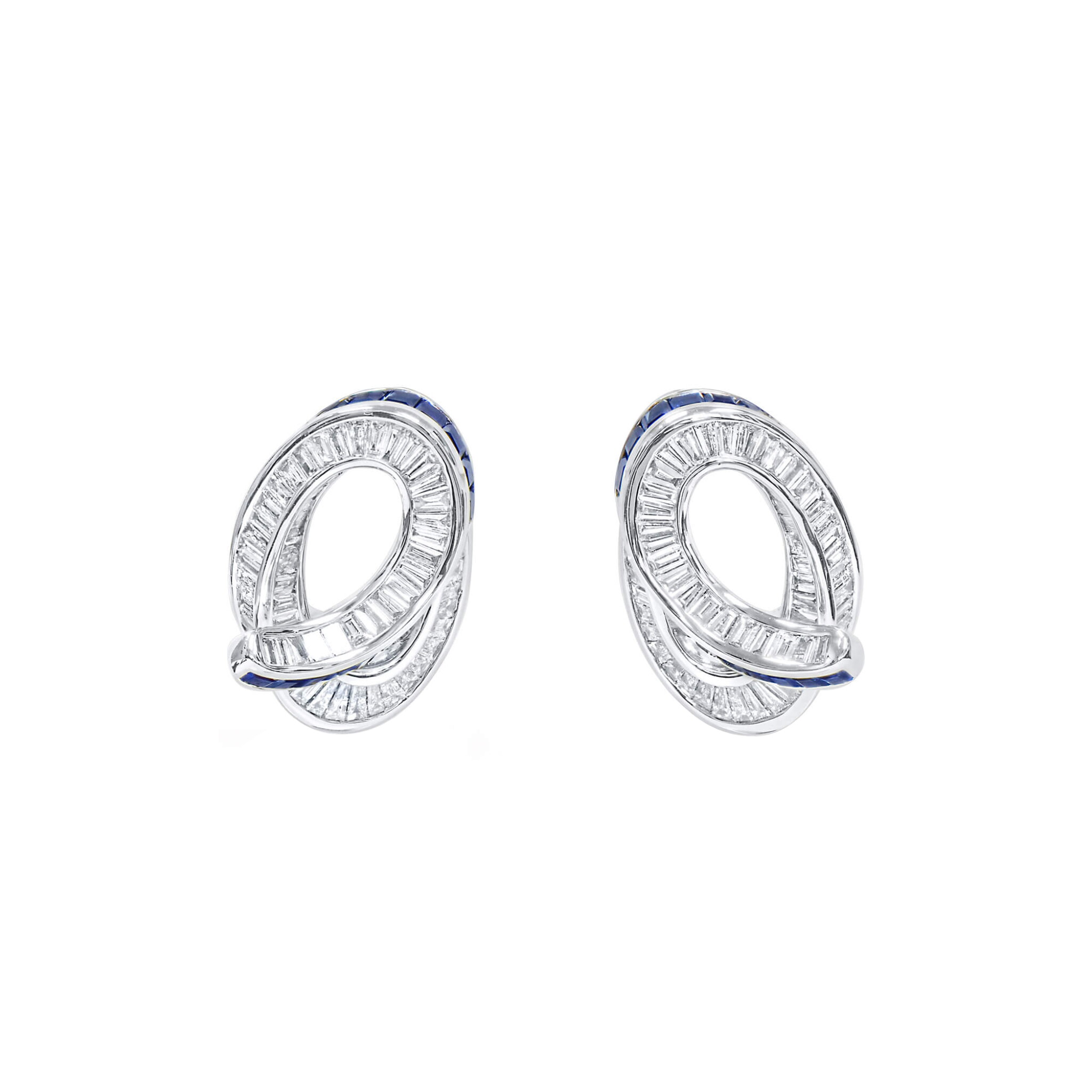 White Gold, Sapphire and Diamond Swirl Stud Earrings — view 1