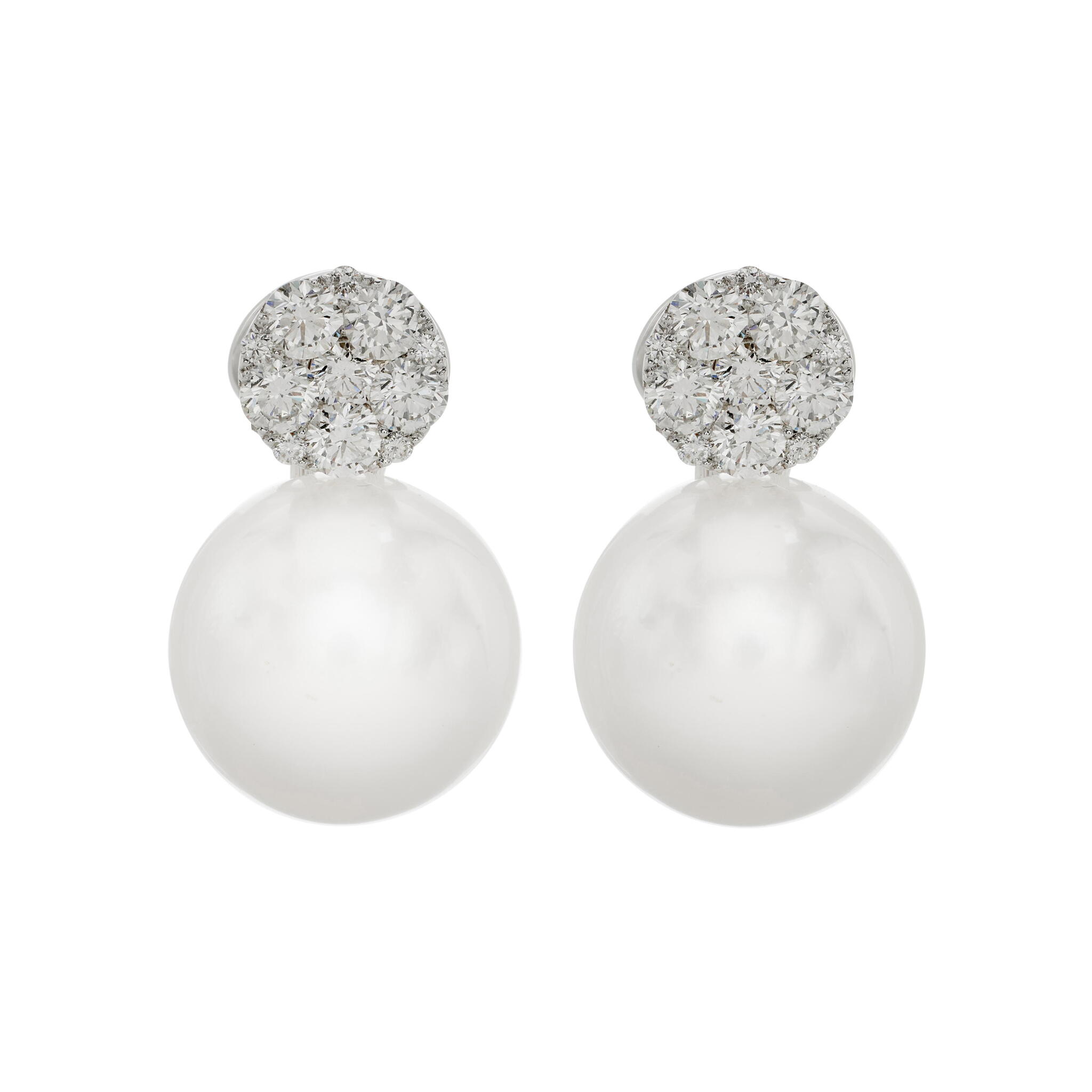 White Gold, South Sea Cultured Pearl and Diamond Earclips — view 1