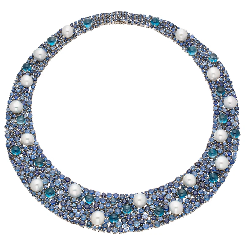 White Gold, Cultured Pearl, Sapphire and Topaz Necklace