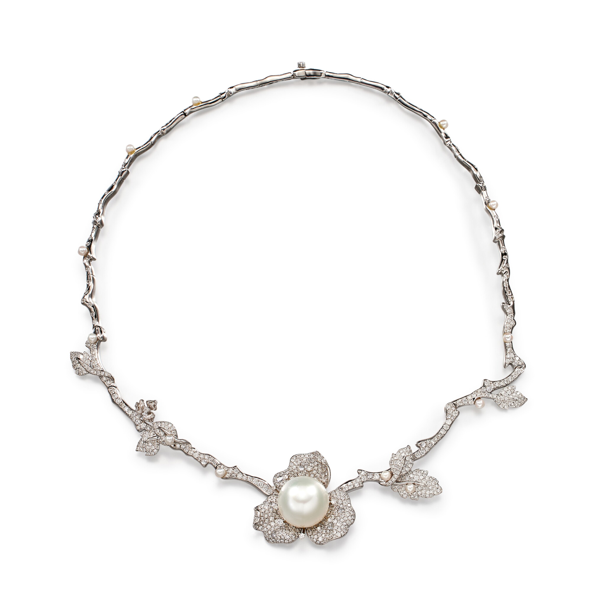 White Gold, South Sea Pearl and Diamond Collar Necklace — view 1