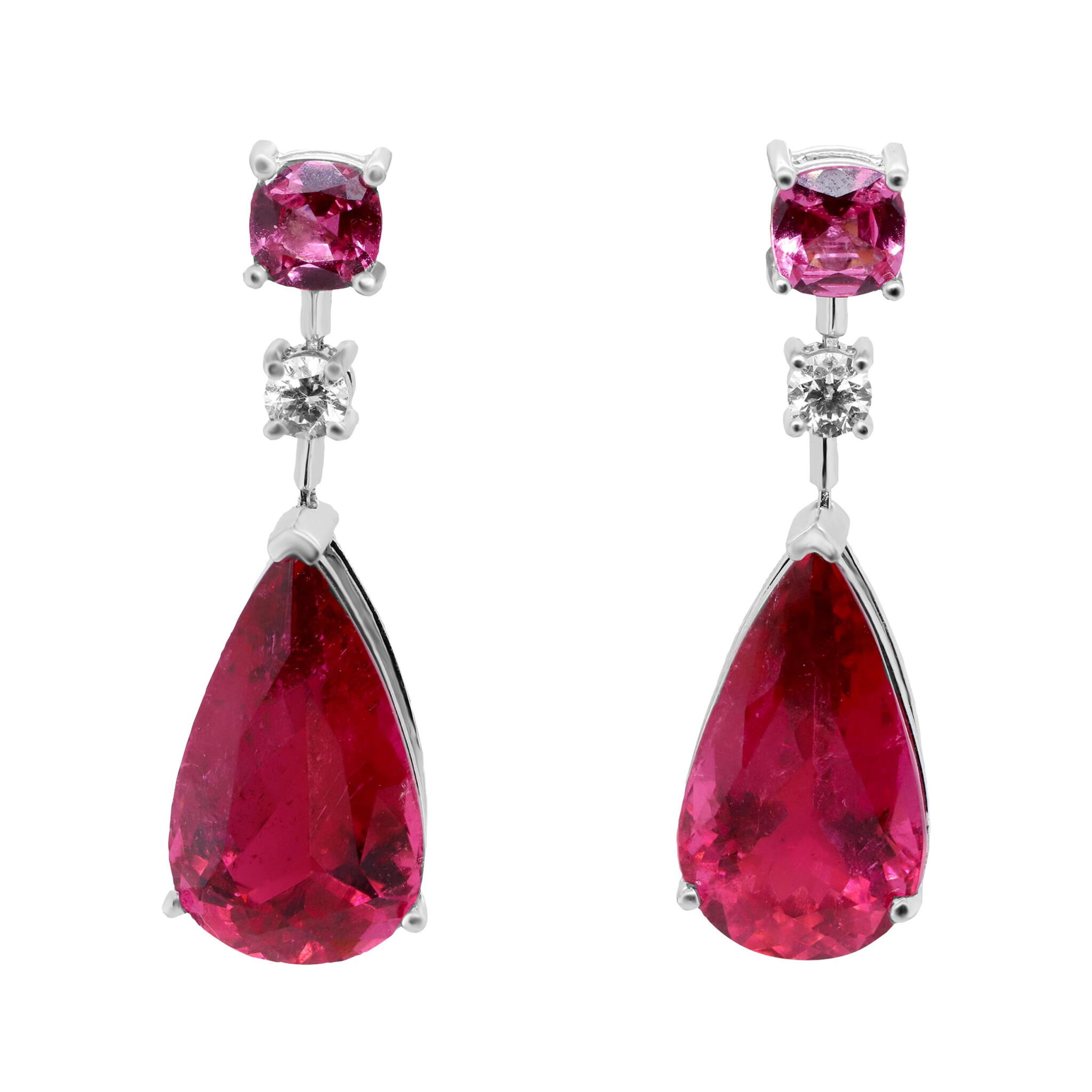 White Gold, Rubellite Tourmaline, Spinel and Diamond Drop Earrings — view 1