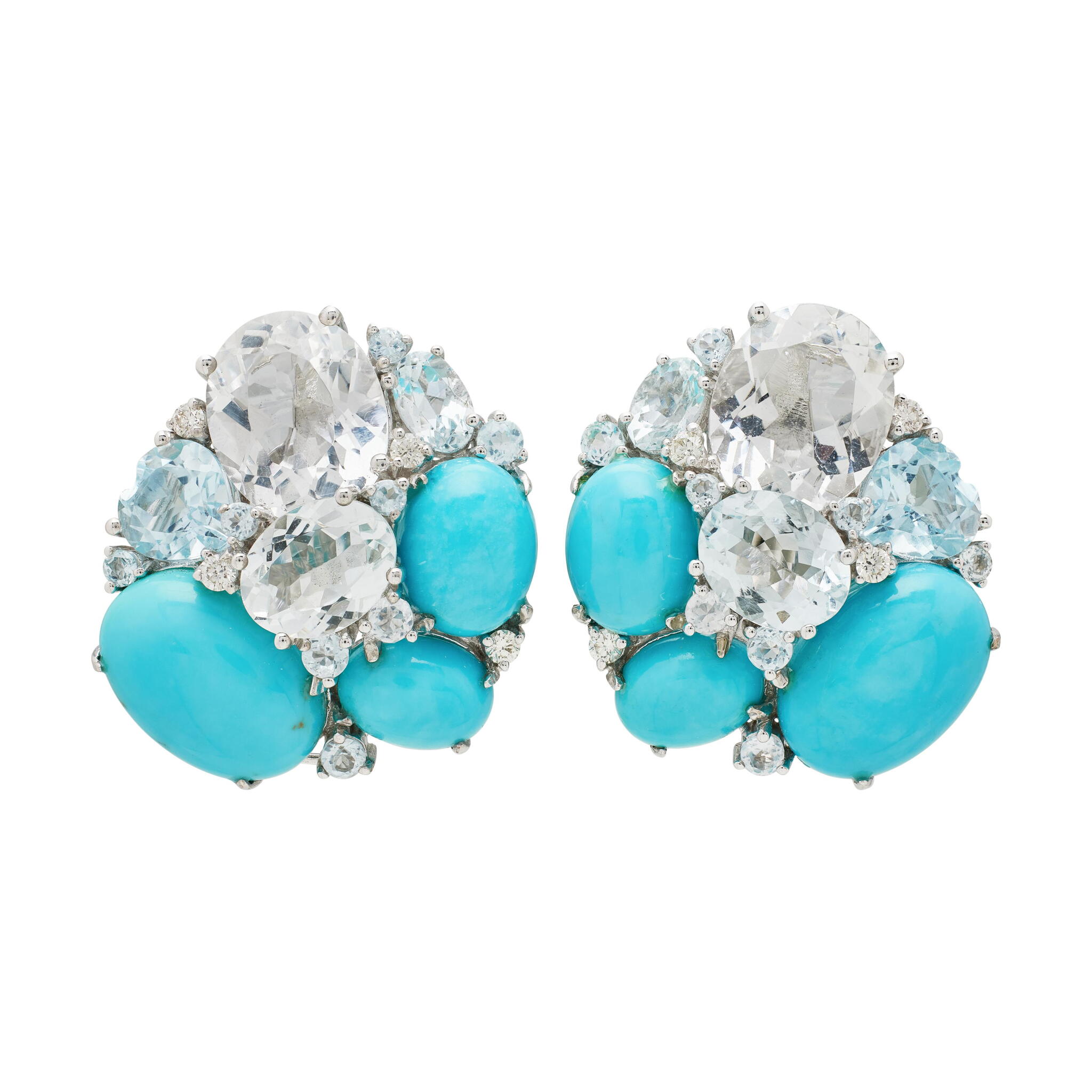White Gold, Turquoise, Aquamarine, Topaz, and Diamond Earclips — view 1